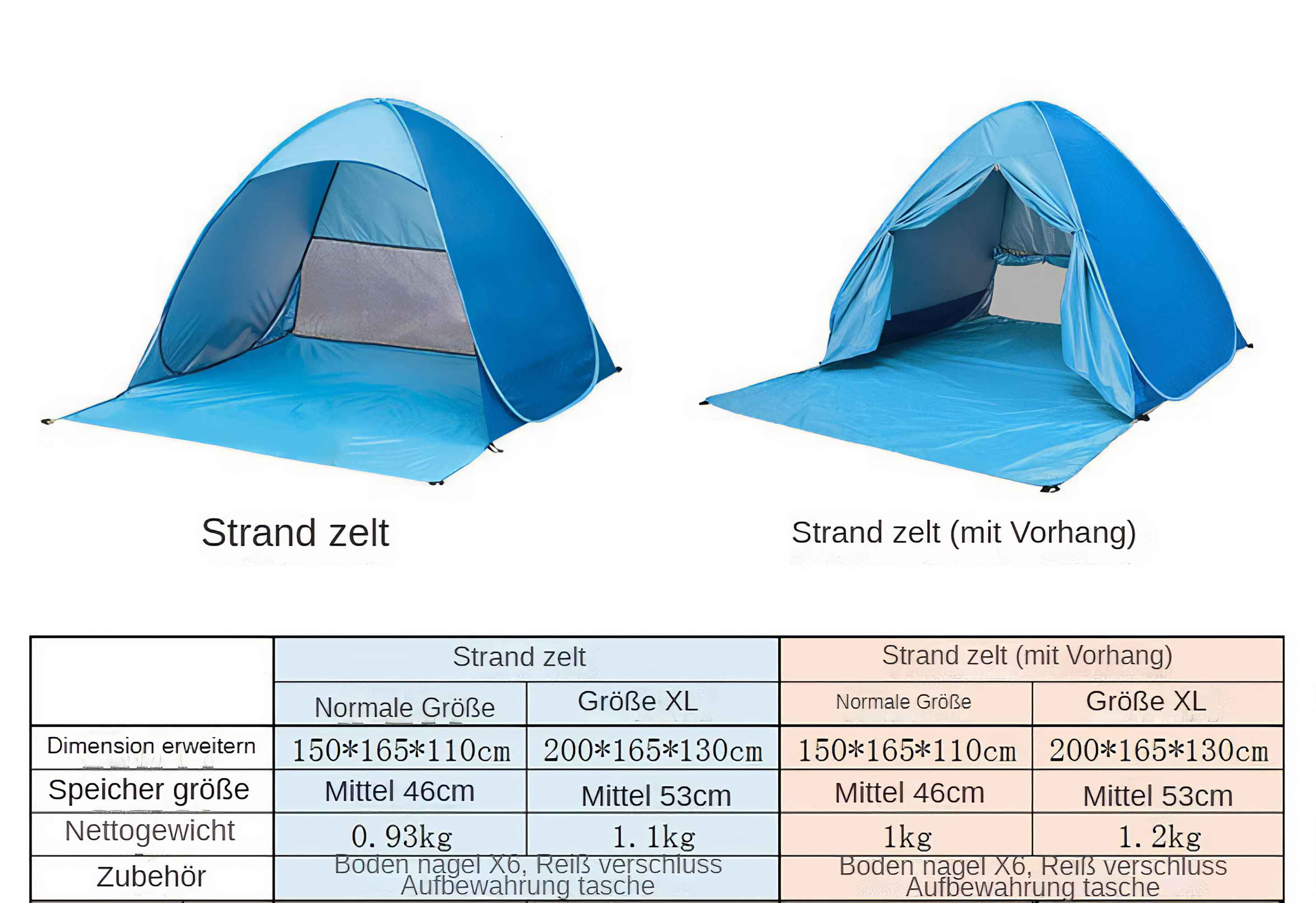 Zwei blaue Strandzelte, eines offen, eines mit Frontklappe. Tabelle mit Abmessungen und Gewicht ist unten.