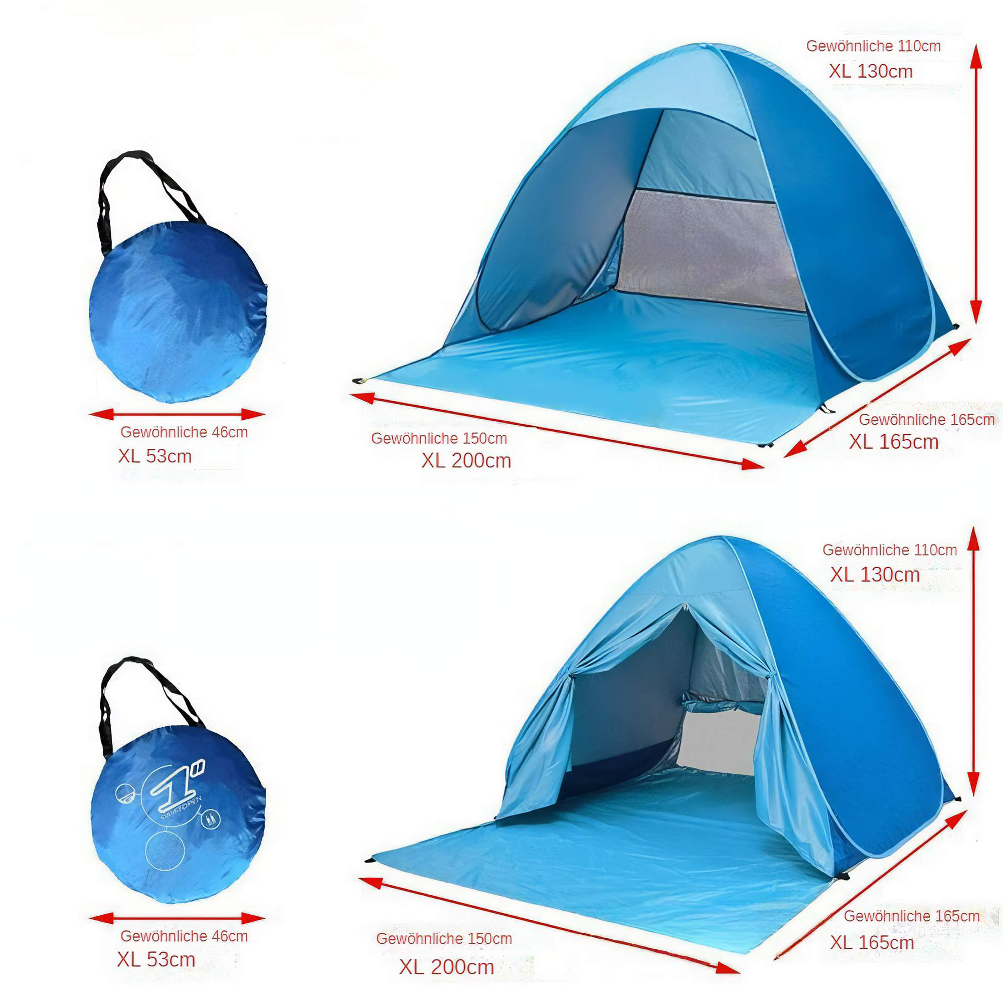 Zwei Bilder von blauen Pop-up-Strandzelten, eines gefaltet und eines offen, mit Maßangaben.
