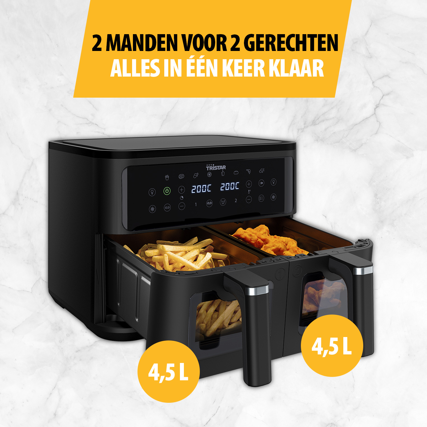 Black Tristar air fryer with fries and nuggets, with text indicating 4.5L capacity.