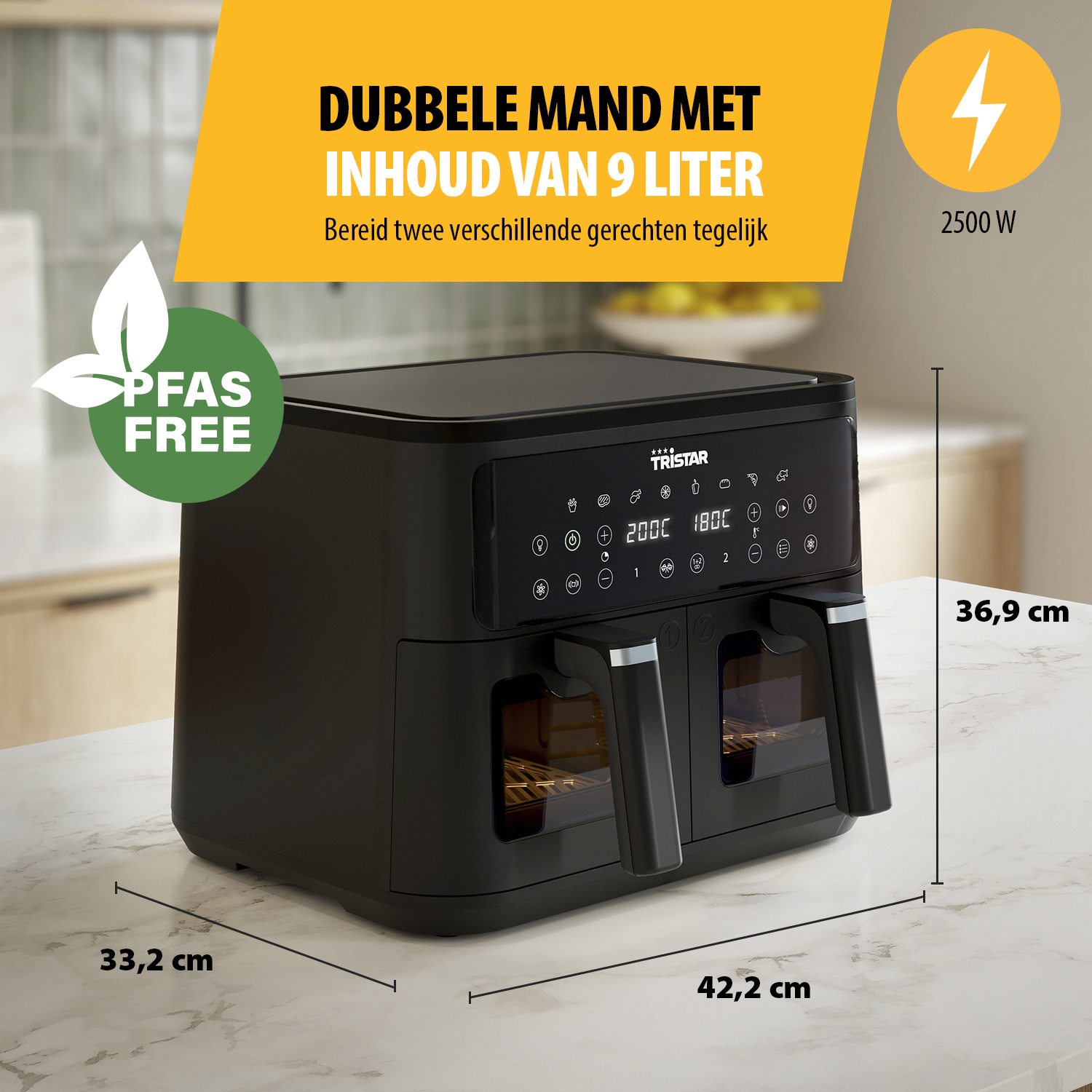 Black Tristar air fryer with text indicating 9L capacity, PFAs free, and dimensions.