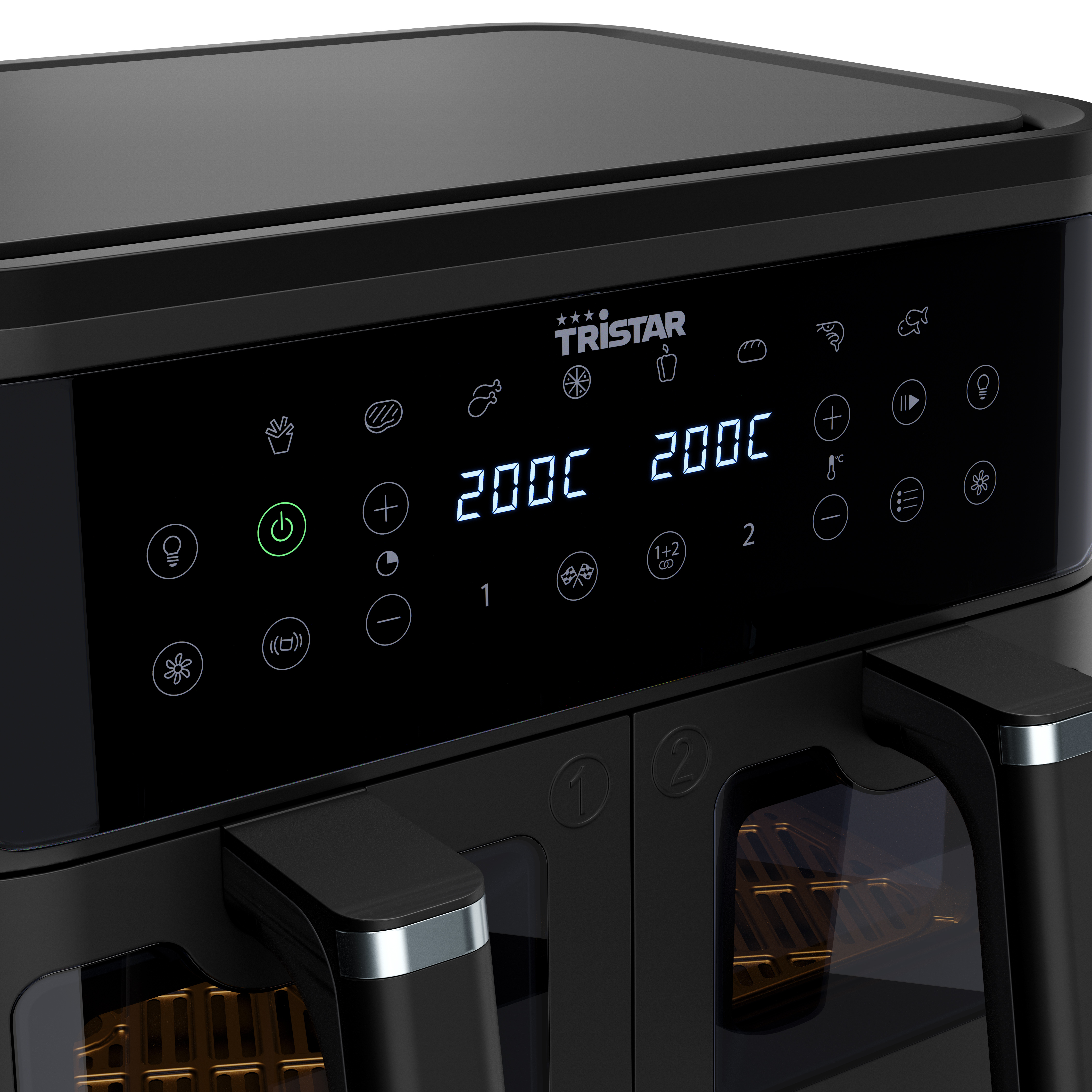 Close-up of a black air fryer with digital display, showing settings and controls.
