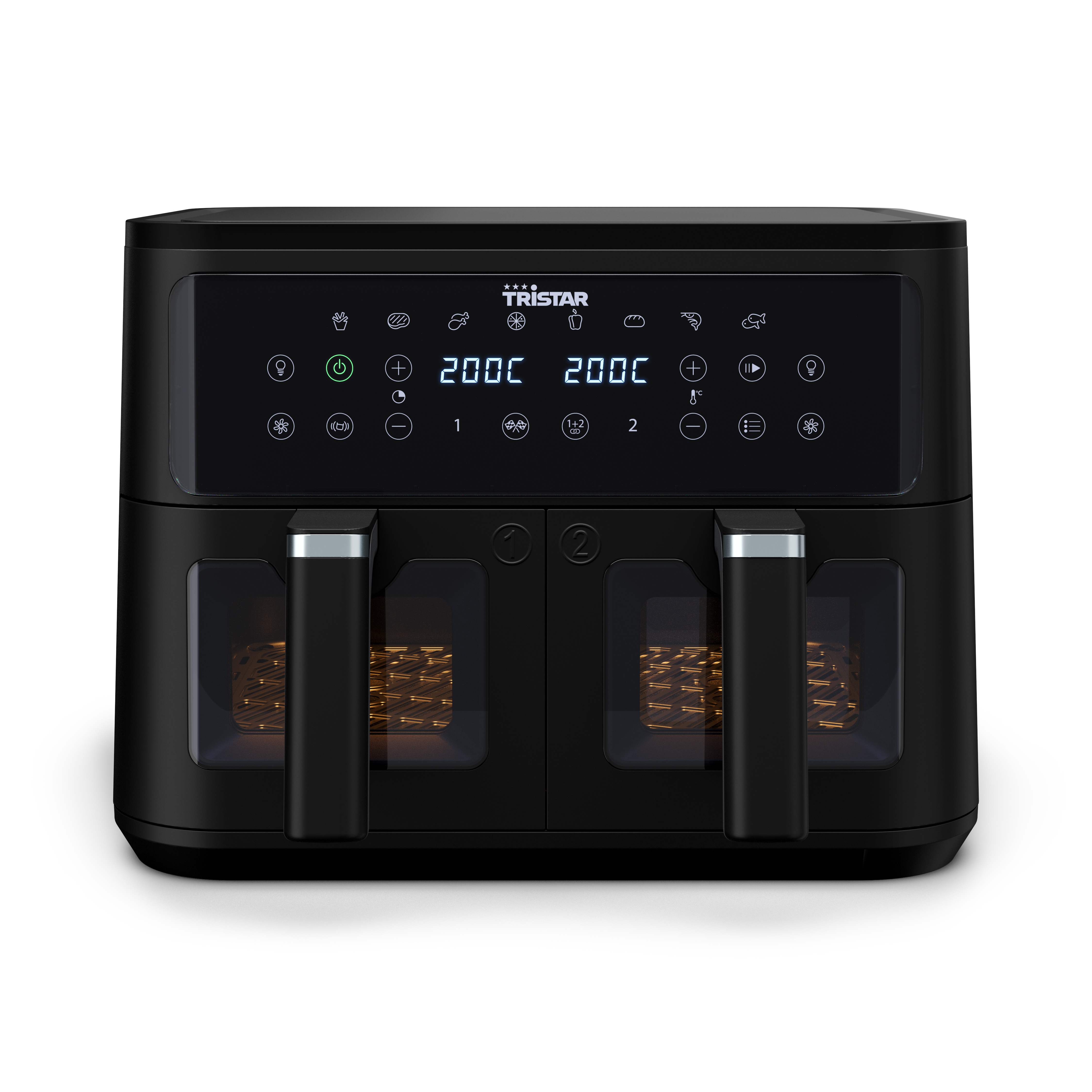 A black air fryer with two compartments and a digital display showing settings.