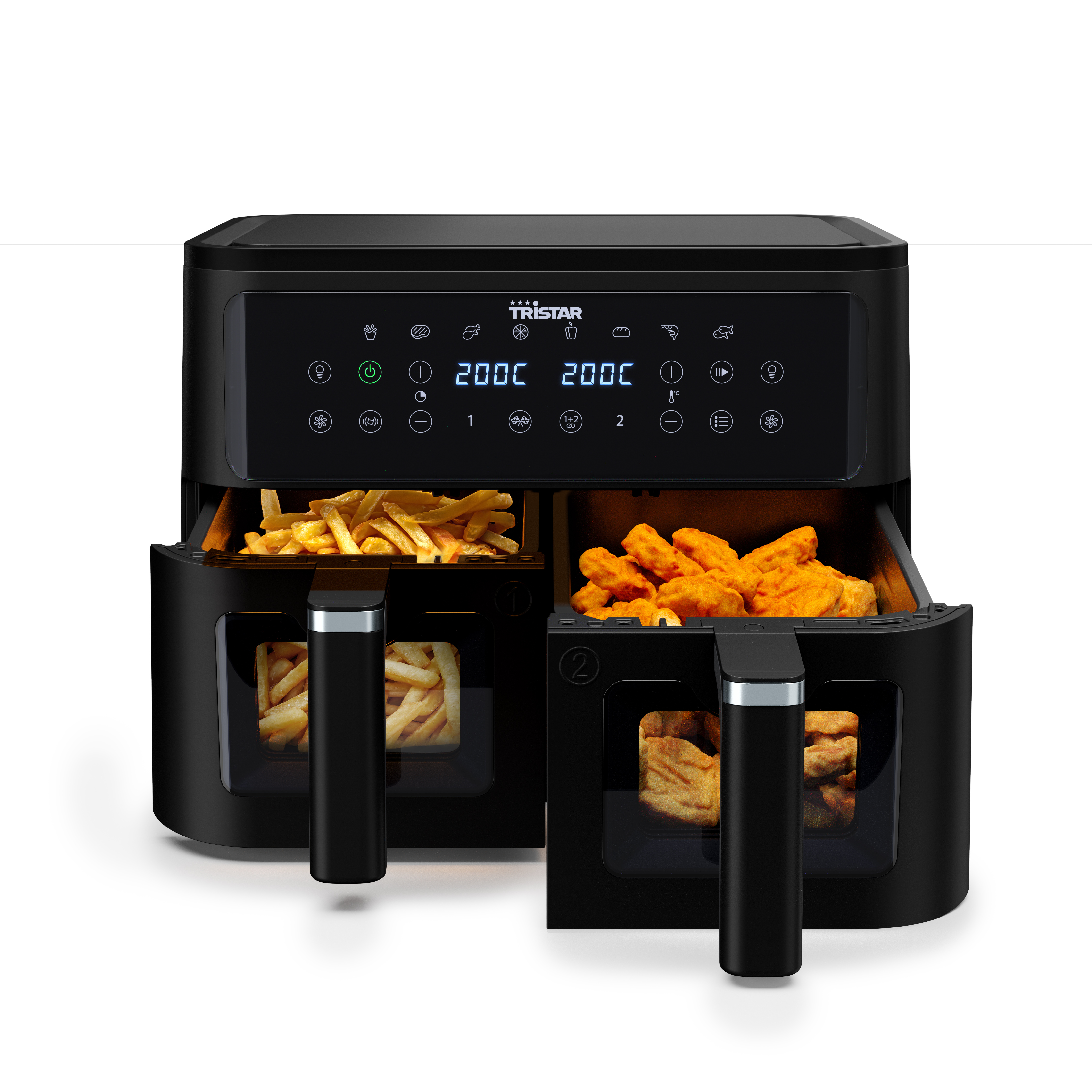 Black Tristar air fryer with fries and chicken nuggets in separate compartments, white background.