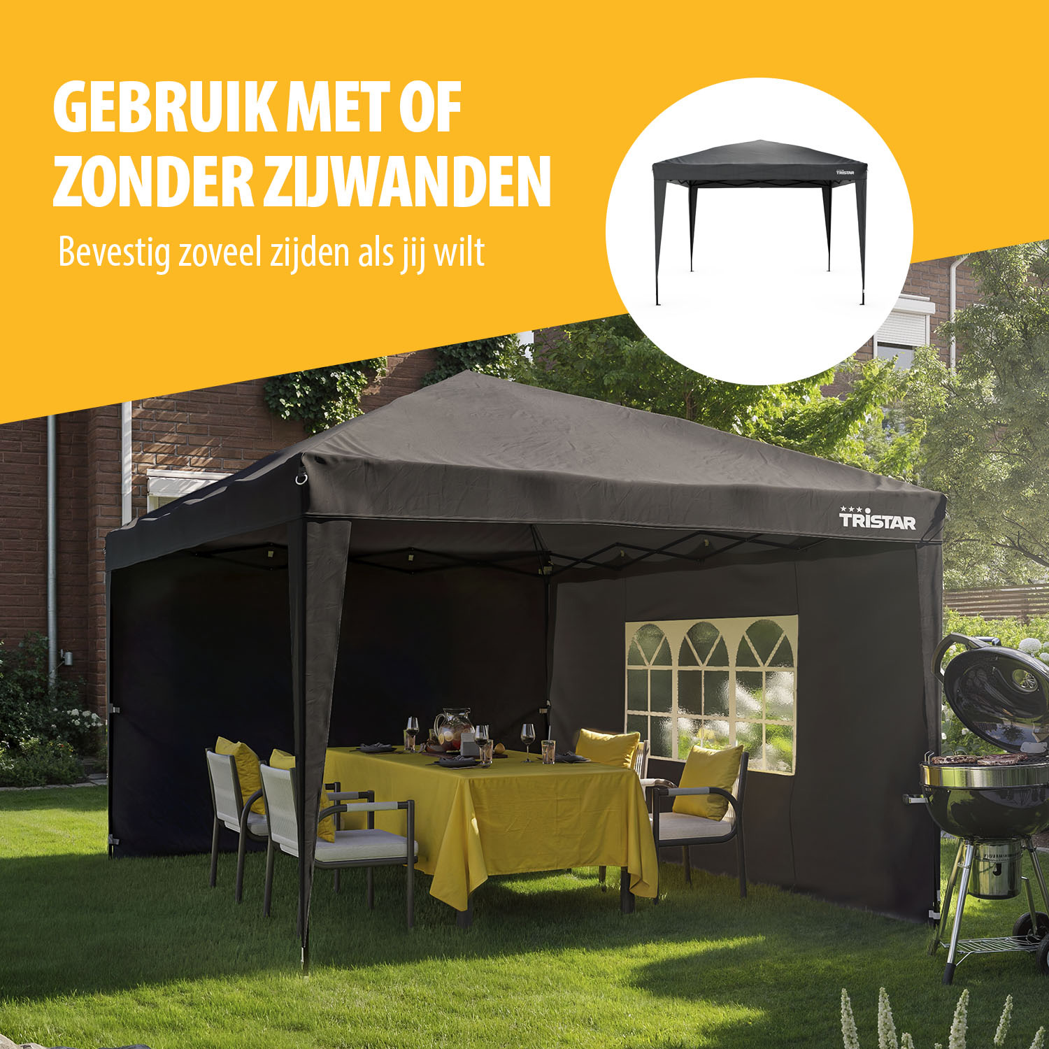 Zwarte Tristar paviljoentent opgezet met tafel, stoelen, grill op gras, gebruik tonen.