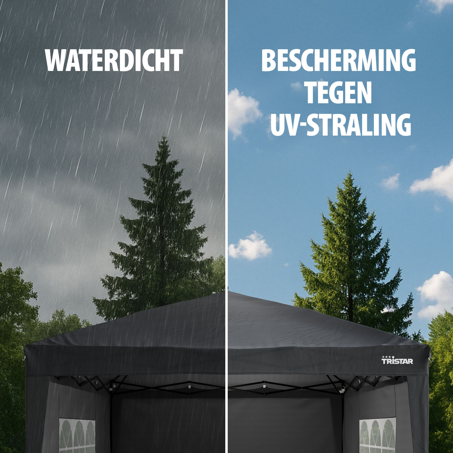 Gesplitste afbeelding, regen links, heldere lucht rechts, met een zwarte Tristar tent.