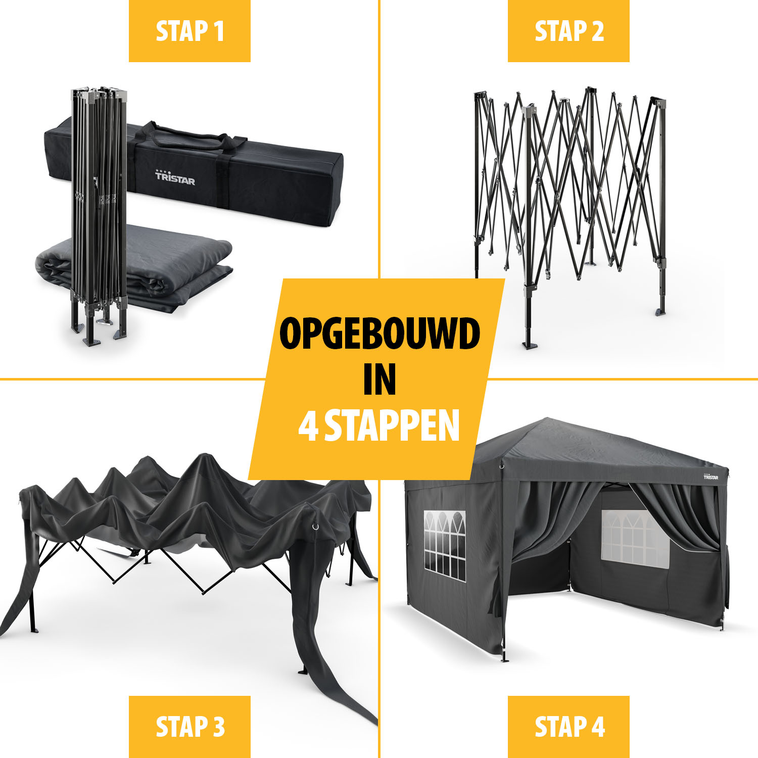 Vier-stappen gids voor het opzetten van een zwarte Tristar paviljoentent, met gereedschap en onderdelen.