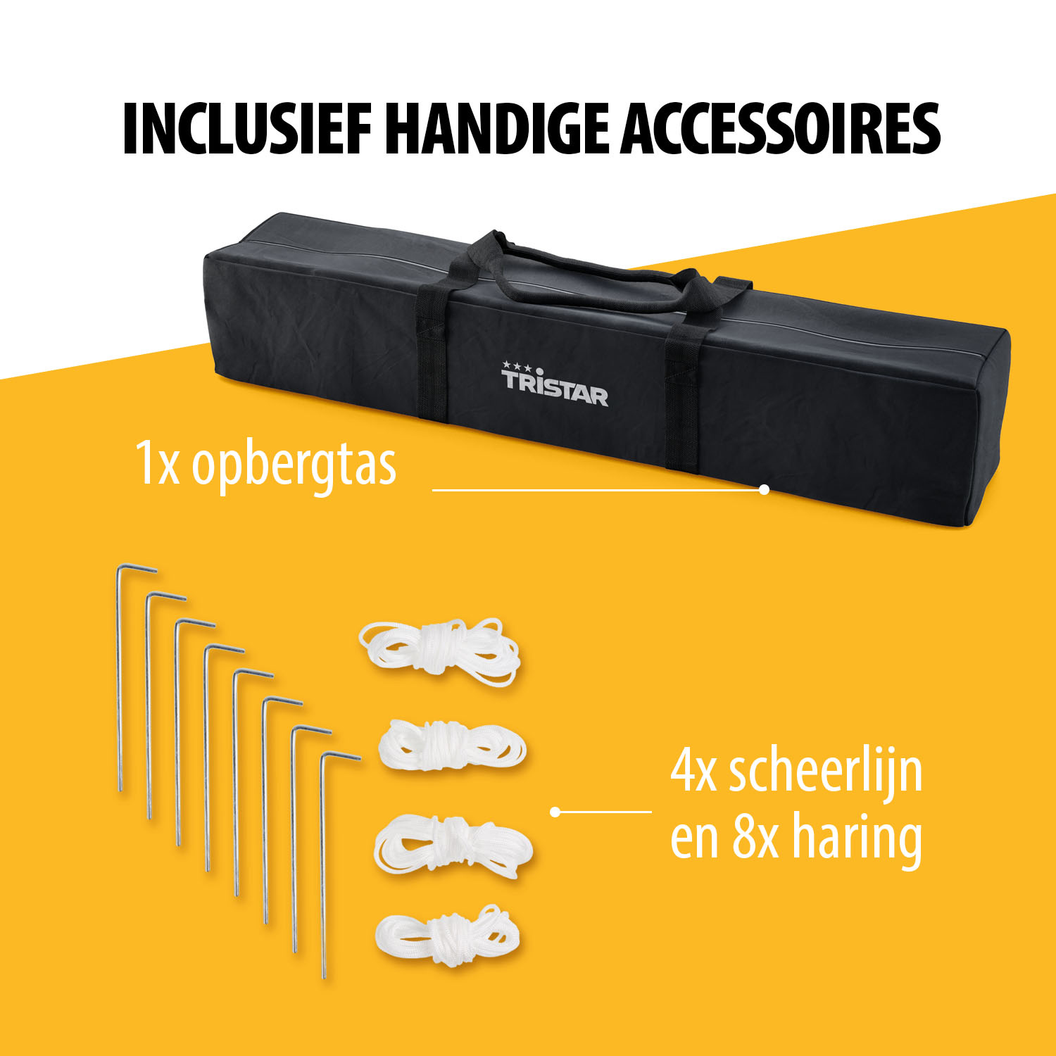 Een zwarte tas met accessoires: haringen, touwen en een beschrijving van de items.