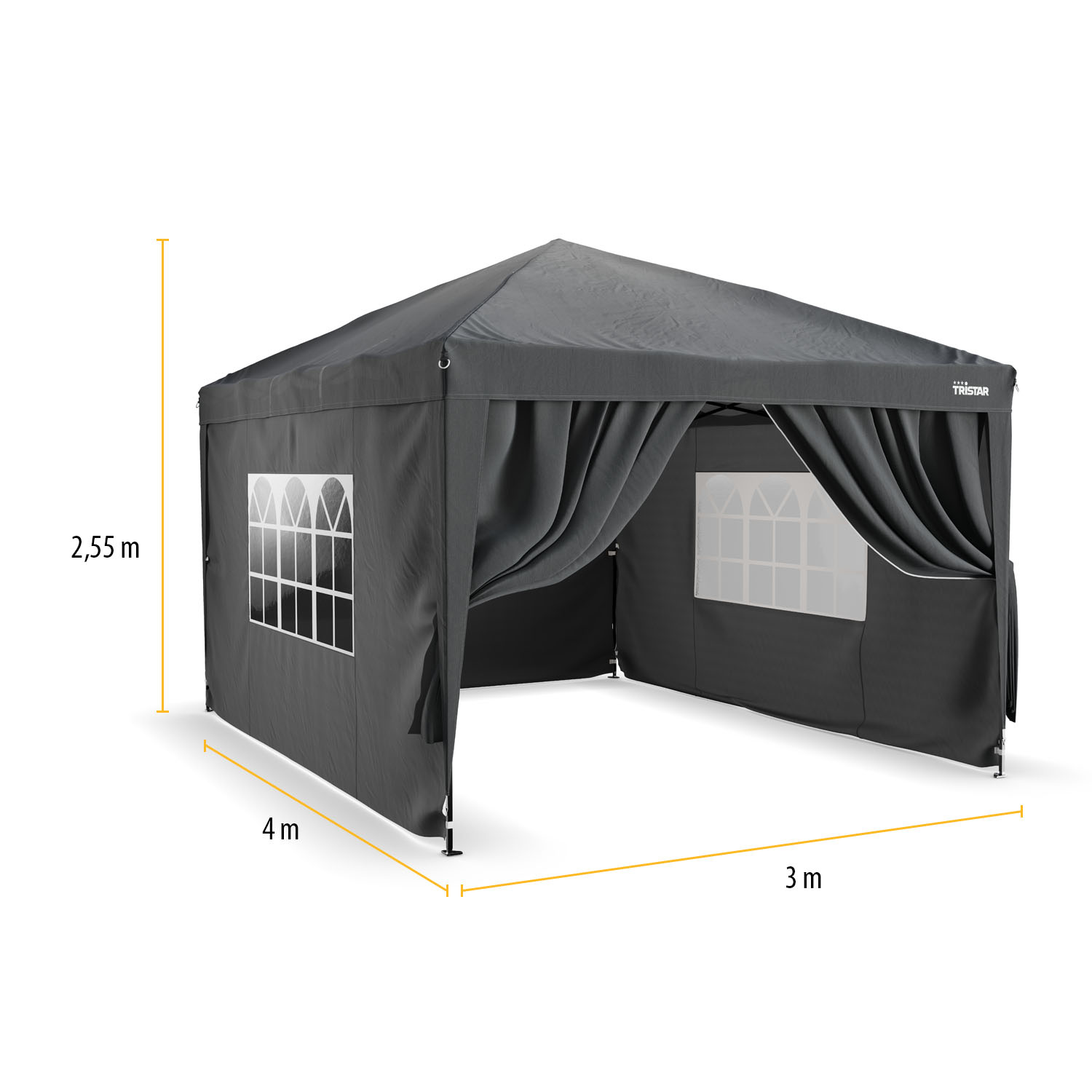Een grijze gazebo met afmetingen. Het heeft ramen en gordijnen, en een Tristar-logo.