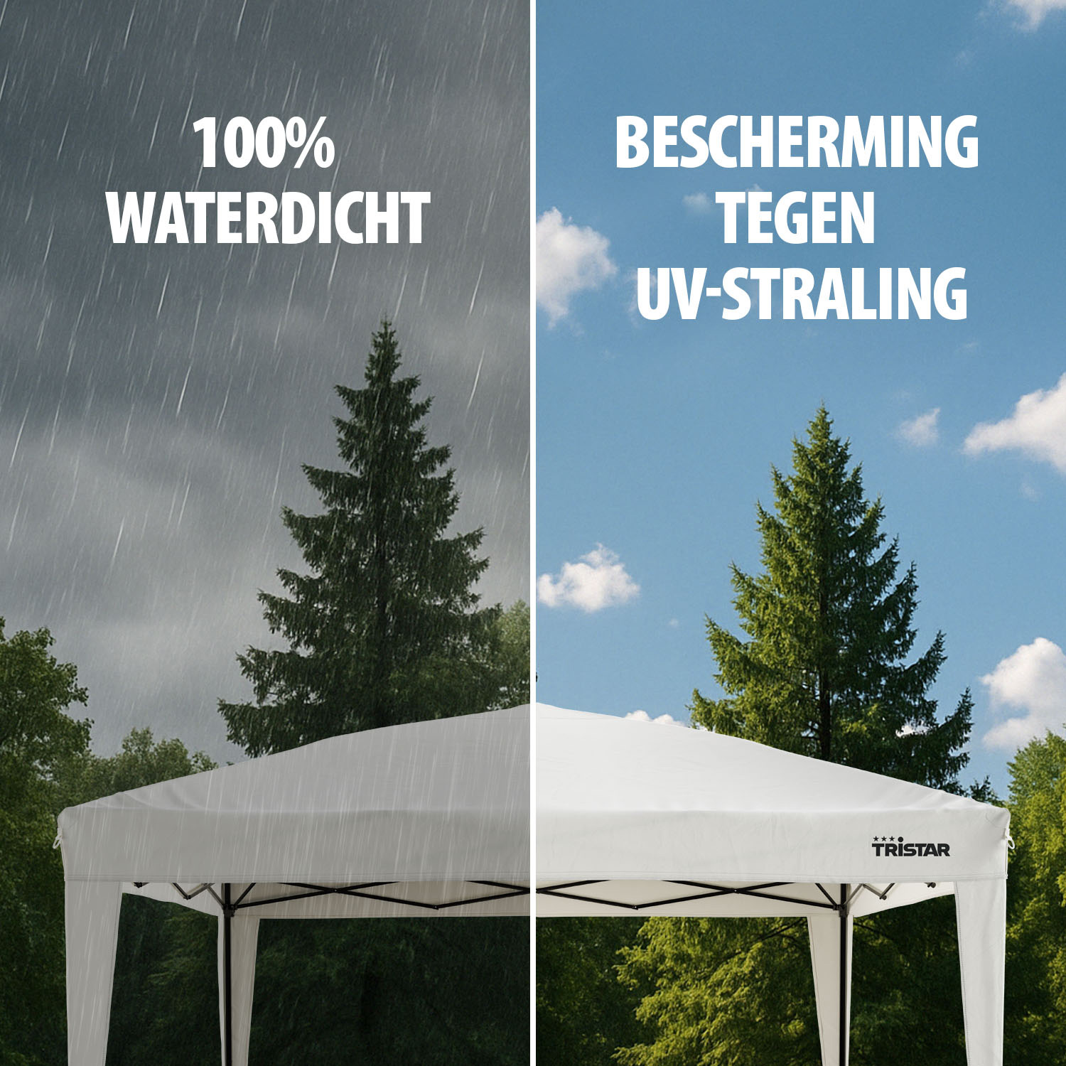 Twee afbeeldingen die een witte gazebo in regen en zon laten zien, met tekst over waterdichtheid en UV-bescherming.