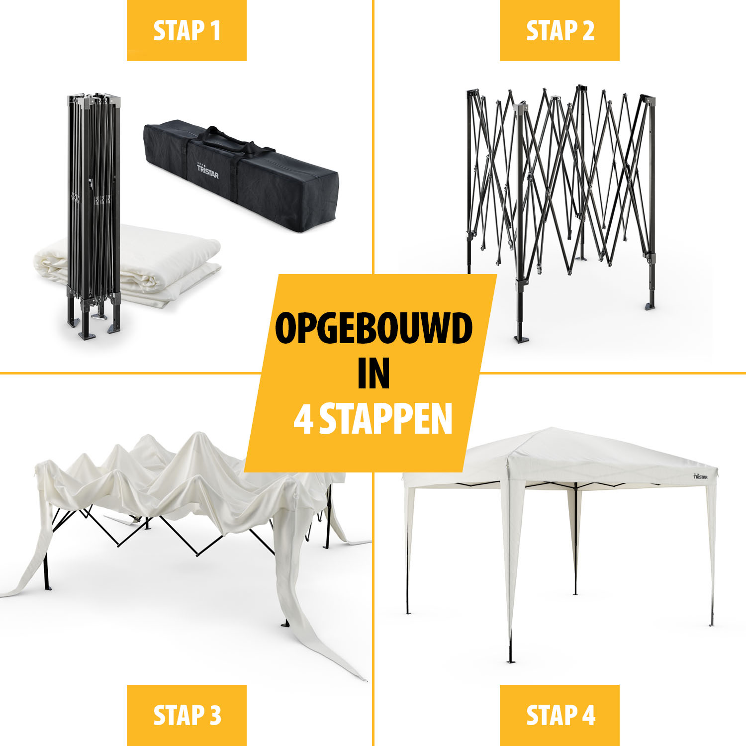 Vier afbeeldingen die de 4 stappen laten zien om een witte gazebo te monteren. Inclusief een opgevouwen tent, tassen en een laken.