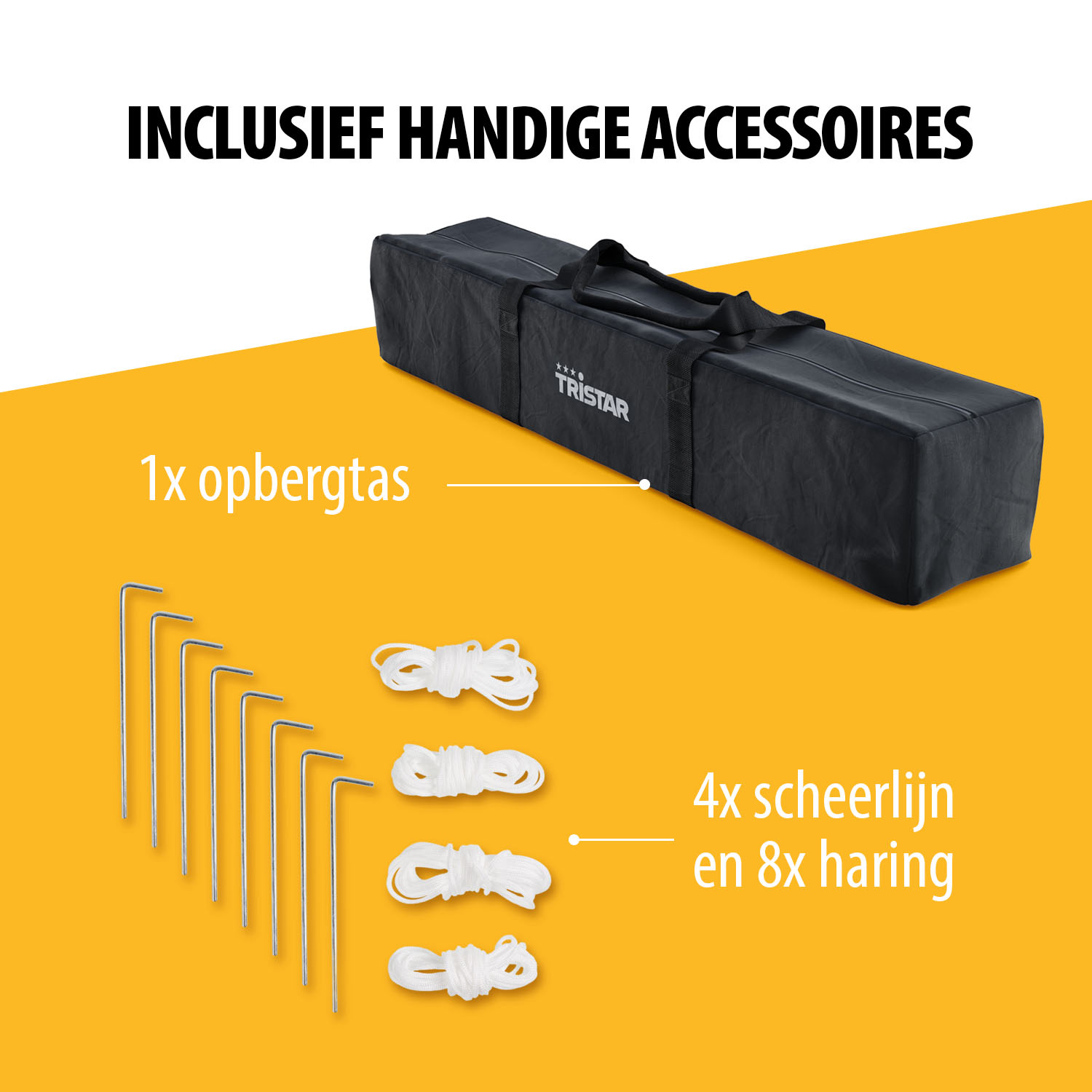 Items waaronder een zwarte tas, haringen, touwen en een label met de tekst accessoires.