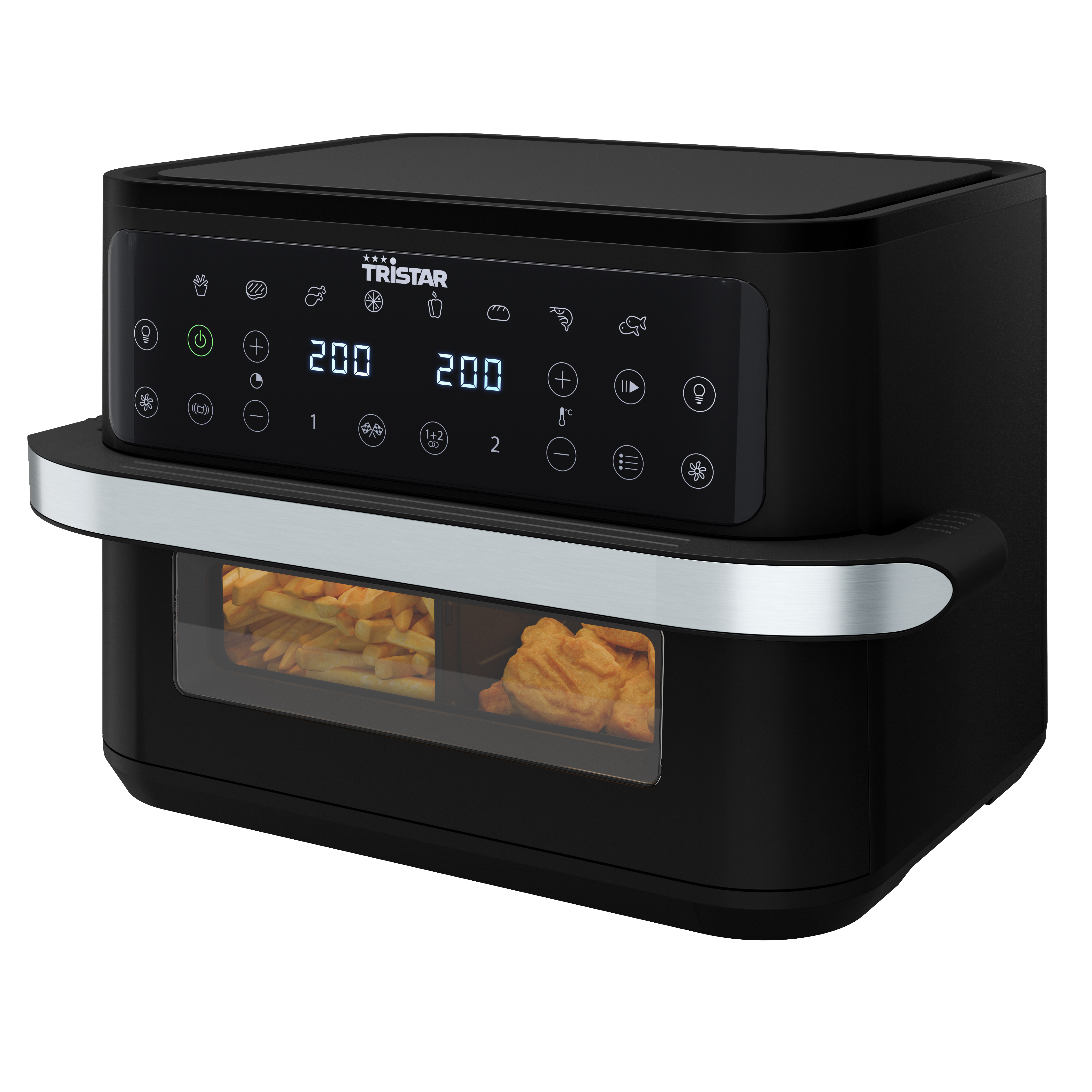Friggitrice ad aria nera con display digitale. Patatine fritte e pollo visibili all'interno.