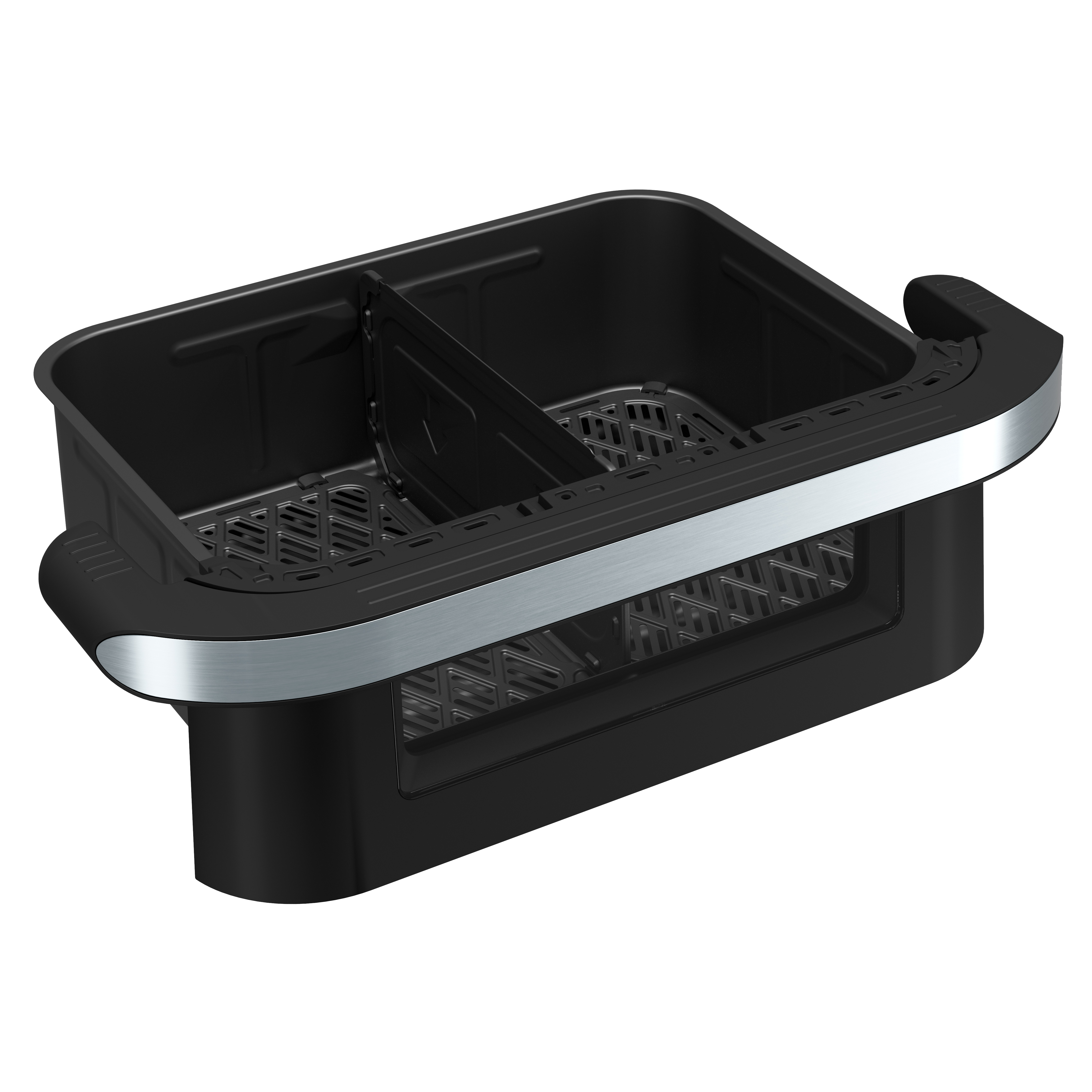 Black air fryer basket with a silver handle. It is divided into two compartments with mesh bottoms.