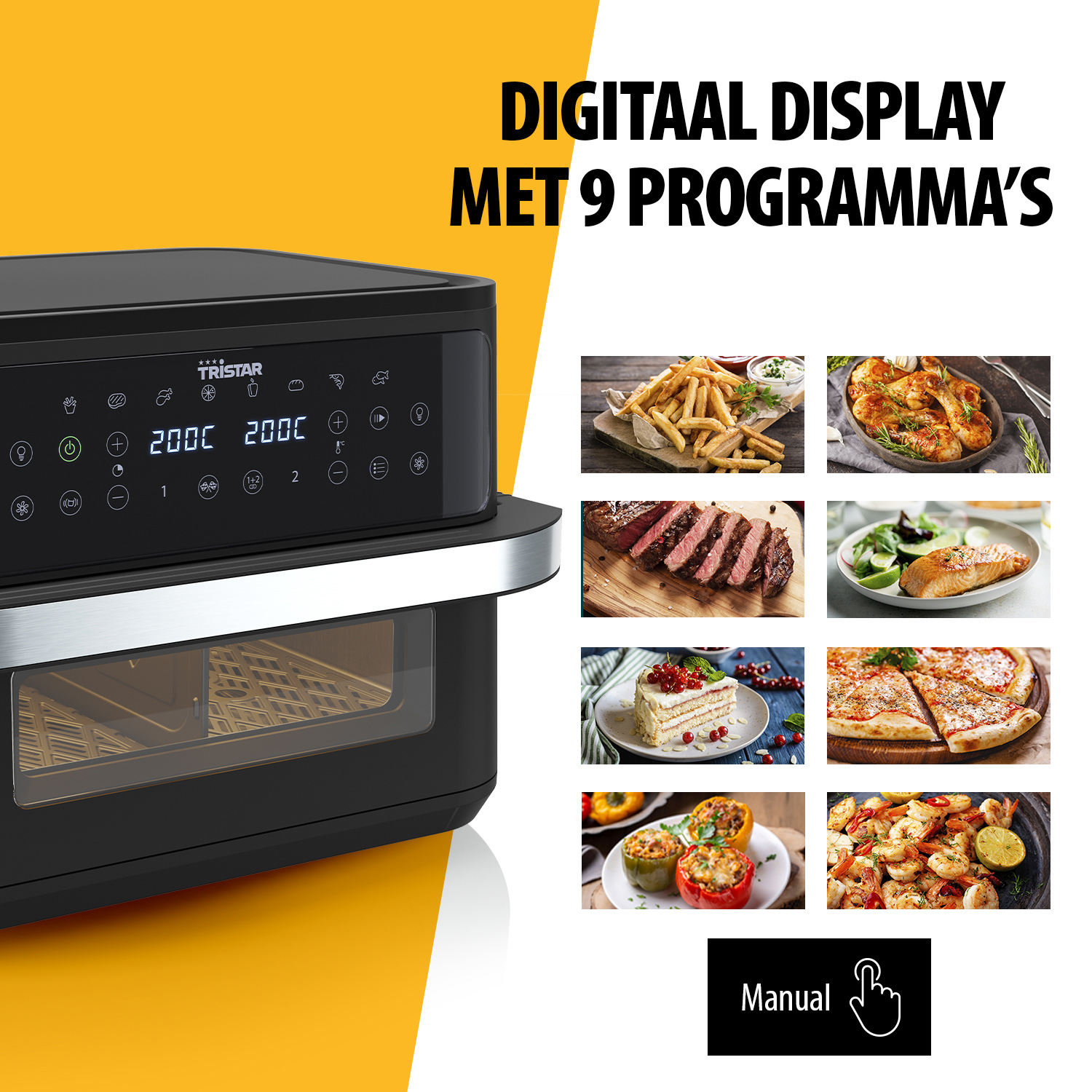 An air fryer with a digital display and various cooked dishes. Text in Dutch. Yellow background.