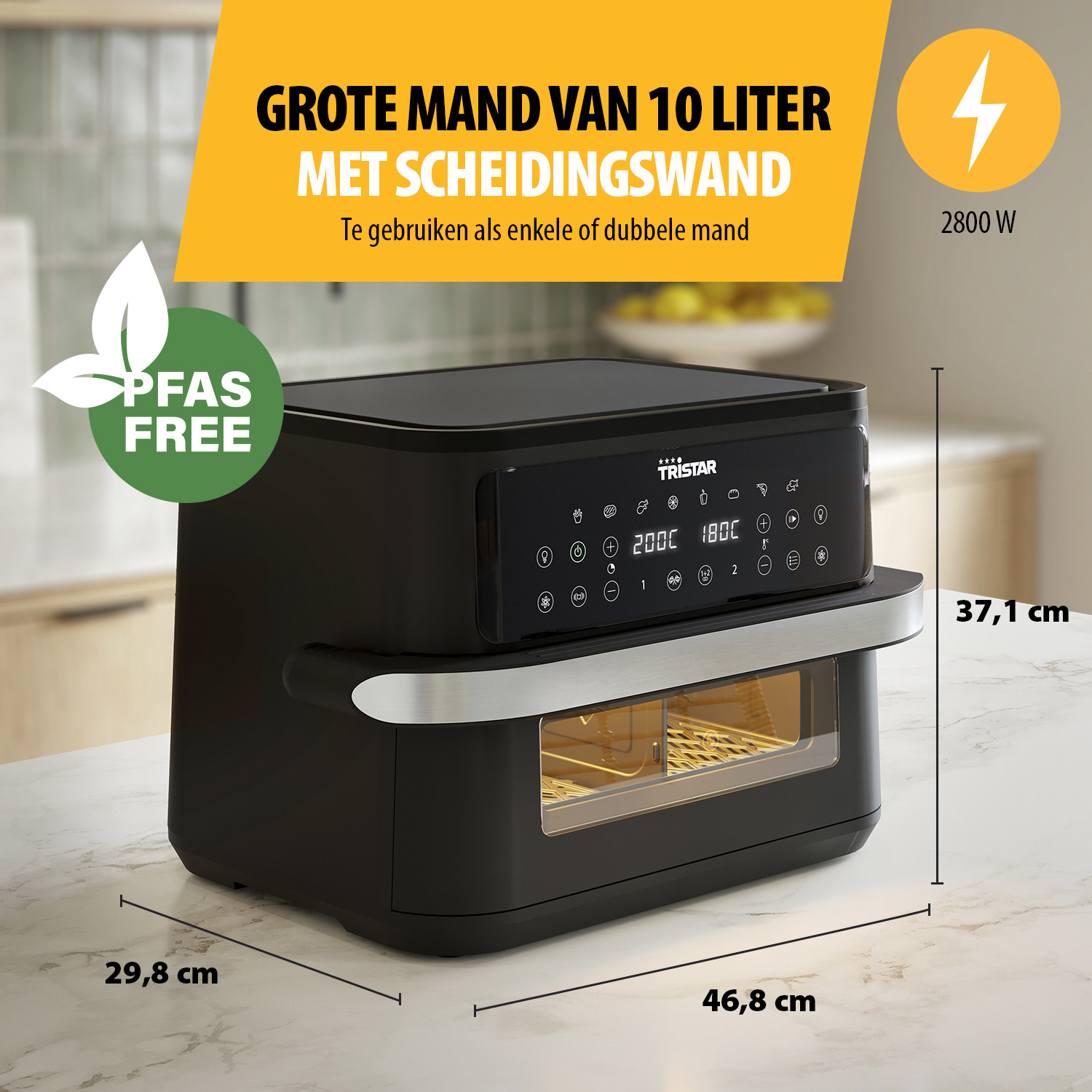 Una friggitrice ad aria con dimensioni e testo in olandese. Ha un grande cestello e un display digitale.