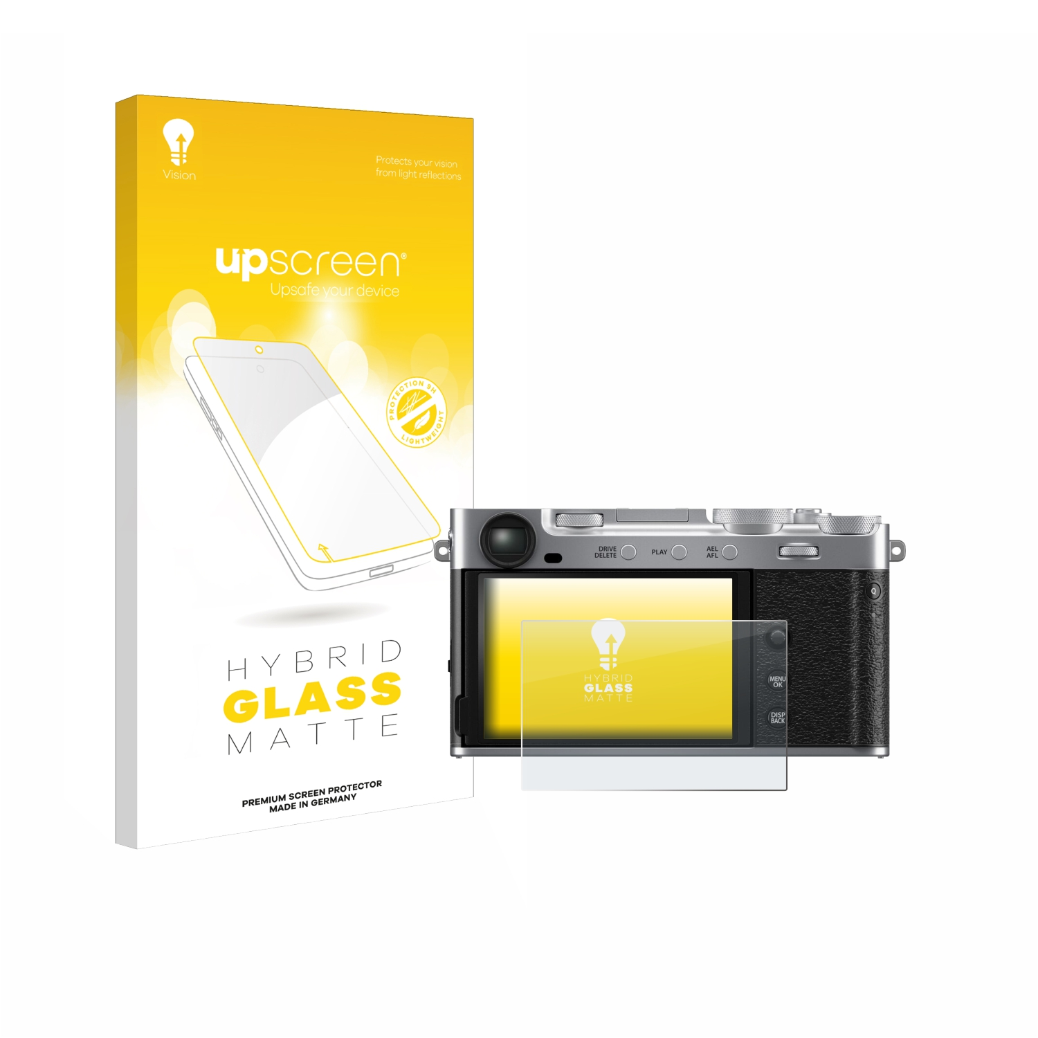 Eine Schachtel mit Kamera und Displayschutz. Die Schachtel hat das upscreen-Logo. Die Kamera ist schwarz-silber.