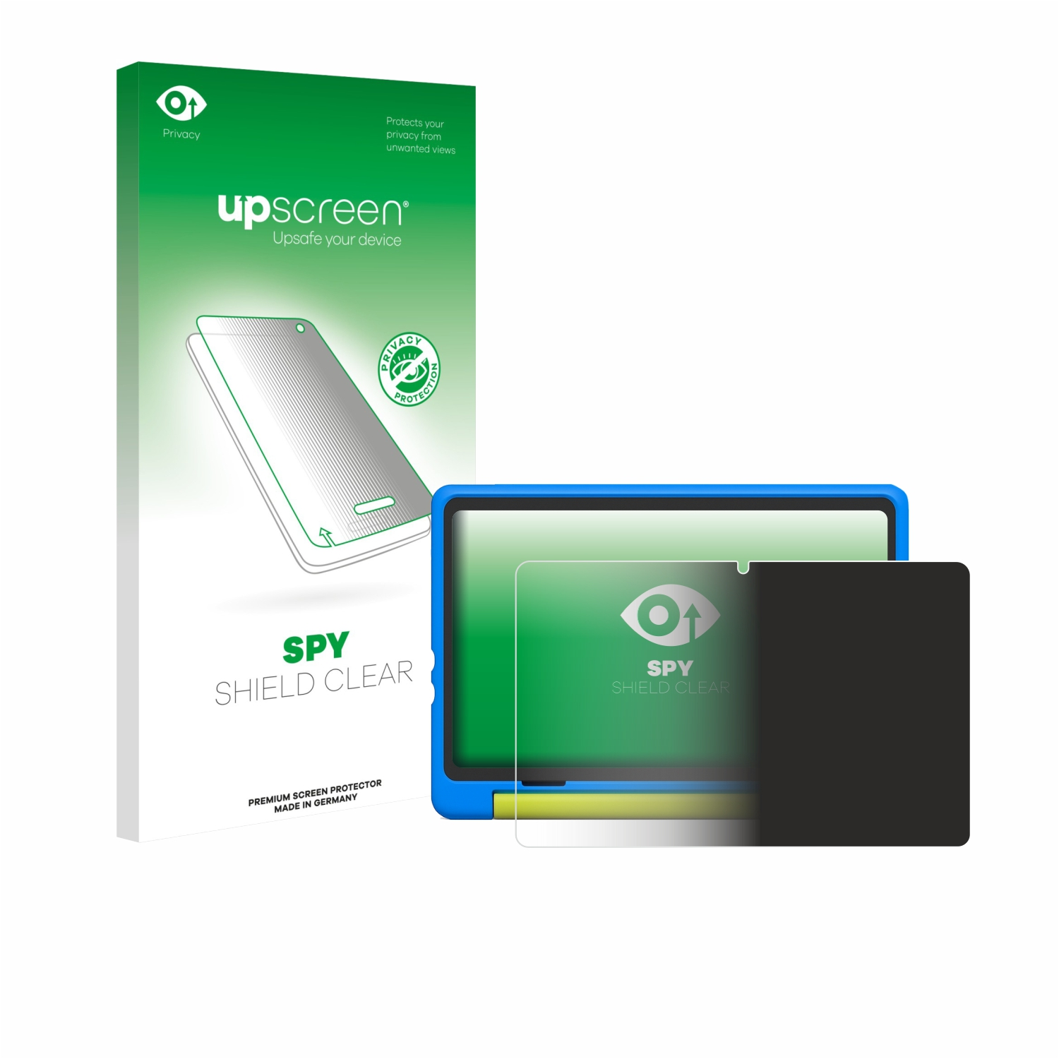 Grüne Box mit Tablet-Umriss, Tablet mit Displayschutz und Text 'Spy Shield Clear'.