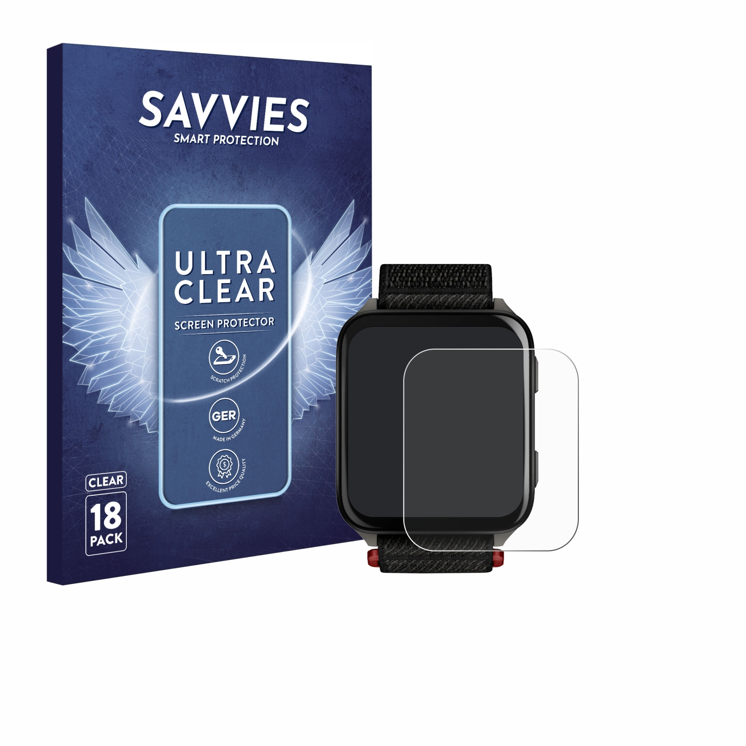 Ein Displayschutz und eine Smartwatch auf weißem Hintergrund. Die Uhr ist schwarz mit schwarzem Armband. Verpackung links.
