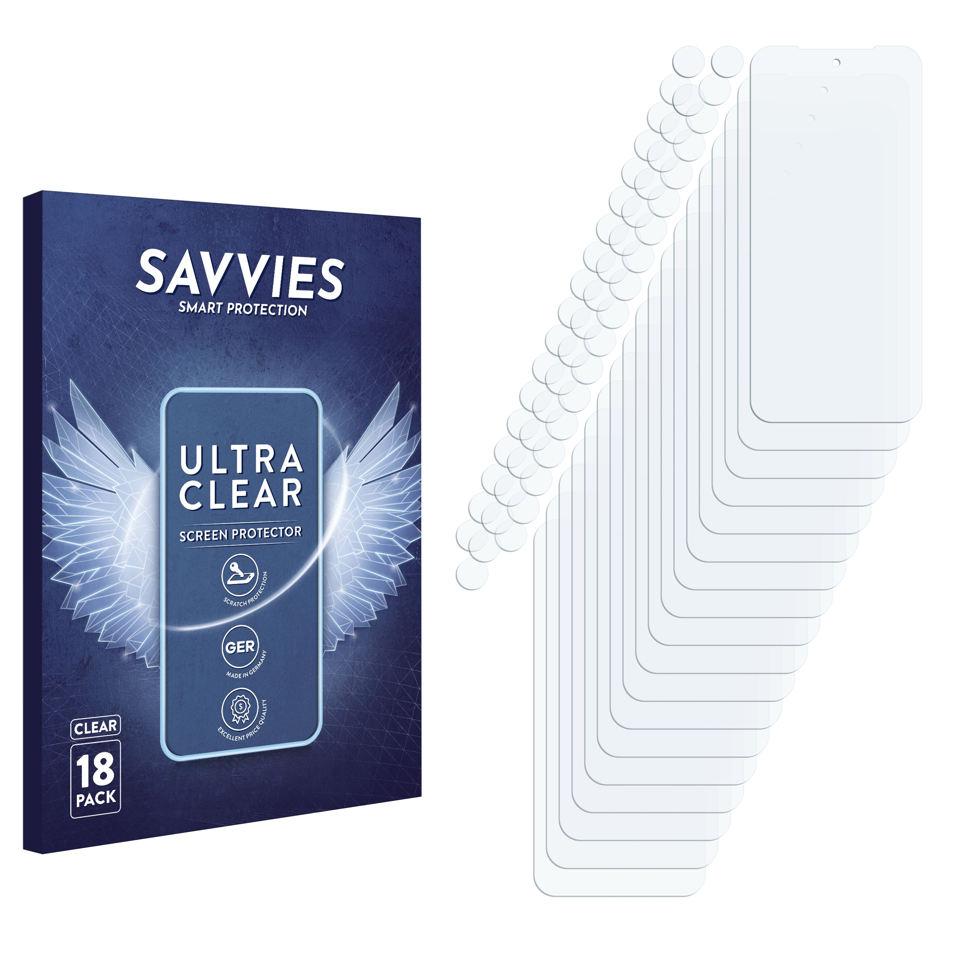 Mehrere Displayschutzfolien und eine Savvies-Box mit dem Savvies-Logo, Flügeln und Text.