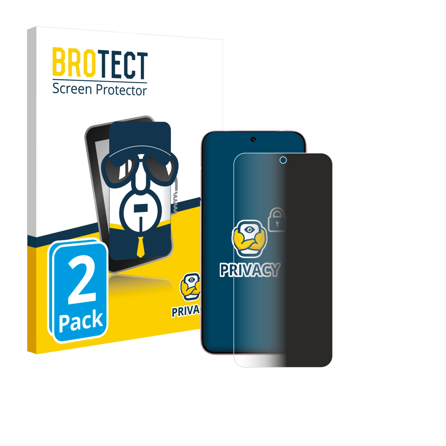 Zwei Telefone mit Displayschutzfolien und eine Displayschutzfolienbox. Die Box hat ein Telefon mit Brillenbild.
