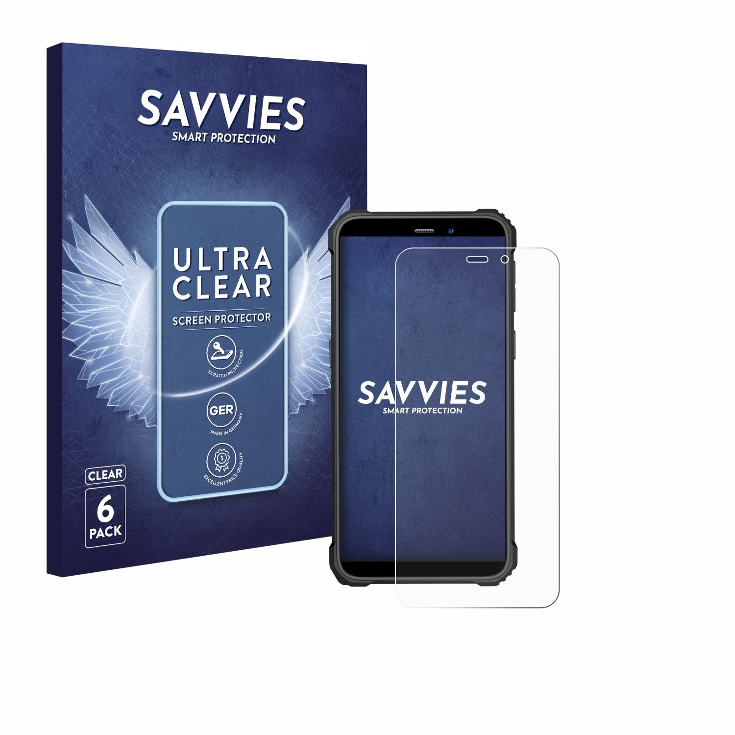 Ein Telefon mit Displayschutzfolie, eine marineblaue Box mit Telefonillustration und weißem Hintergrund.