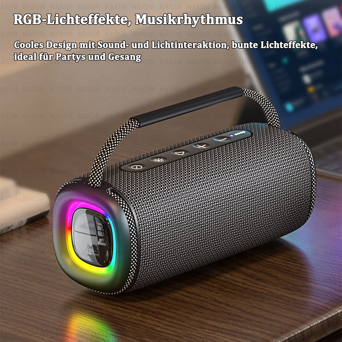 Ein Lautsprecher mit bunten Lichtern, Griff und deutschem Text: 'RGB-Lichteffekte, Musikrhythmus'.
