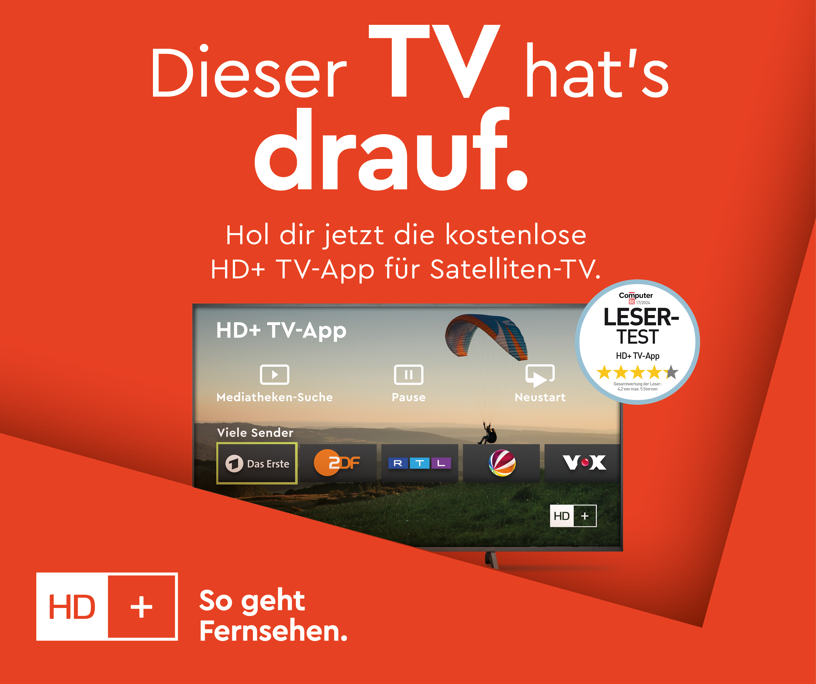 Textanzeige mit einem Fernsehbildschirm und rotem Hintergrund.