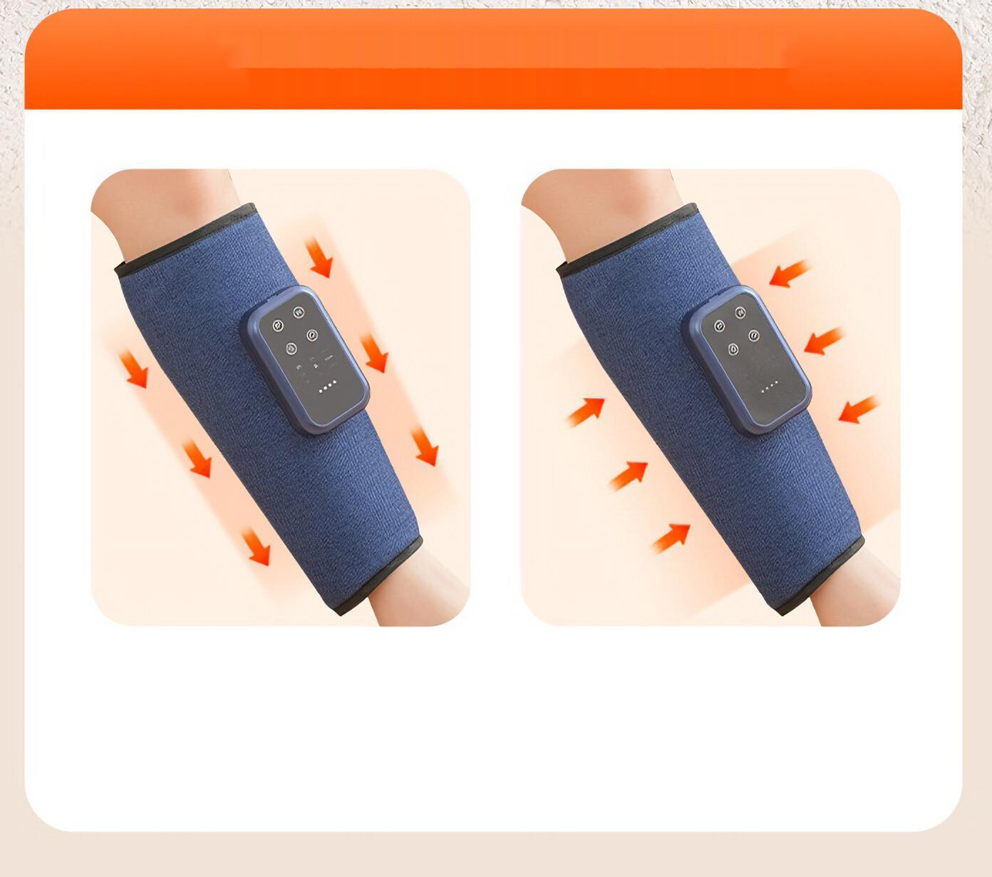 Zwei Arme, die in blaue Ärmel mit Bedienelementen gehüllt sind und Wärmerichtungspfeile auf hellorangefarbenem Hintergrund zeigen.