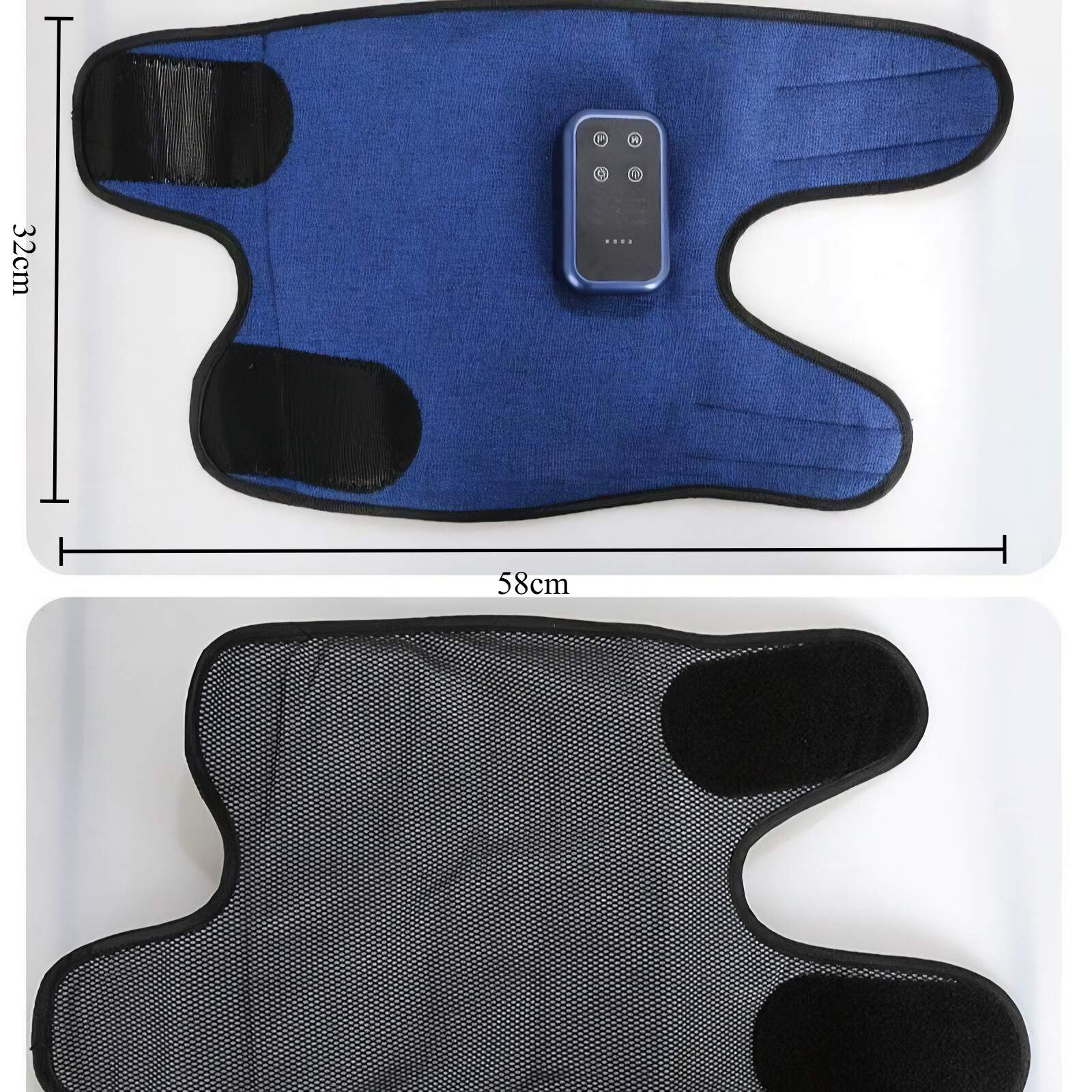 Das Bild zeigt eine blaue Kniebandage mit einem Bedienfeld mit den Abmessungen 32 cm x 58 cm auf weißem Hintergrund.
