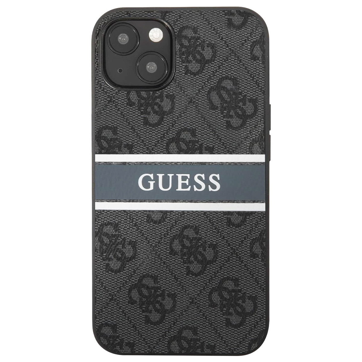 Una custodia nera per telefono con il logo Guess. La custodia ha una striscia grigia con il nome del marchio.