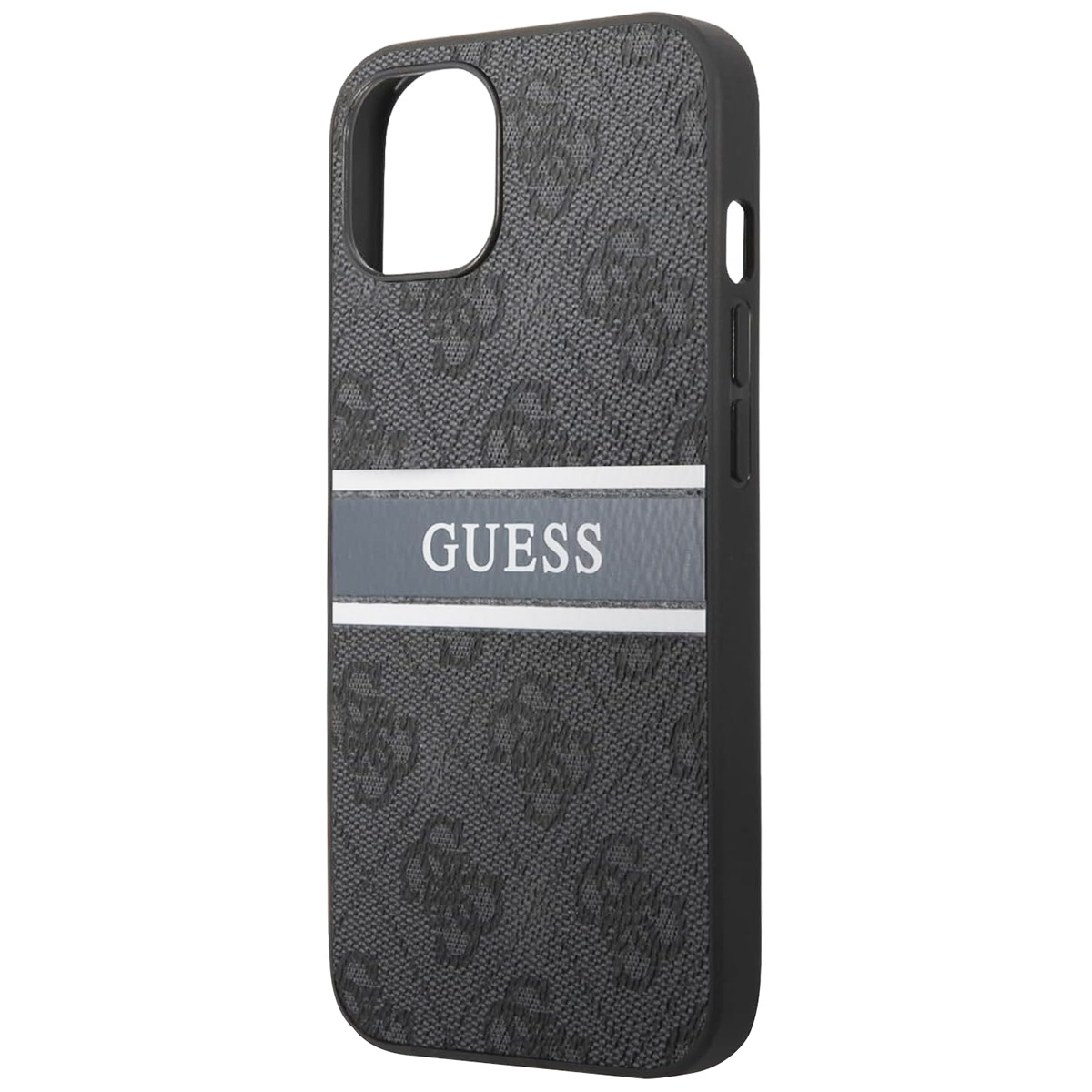 Una custodia per telefono con il logo Guess e una striscia grigia. La custodia è grigio scuro e il nome del marchio è visibile.