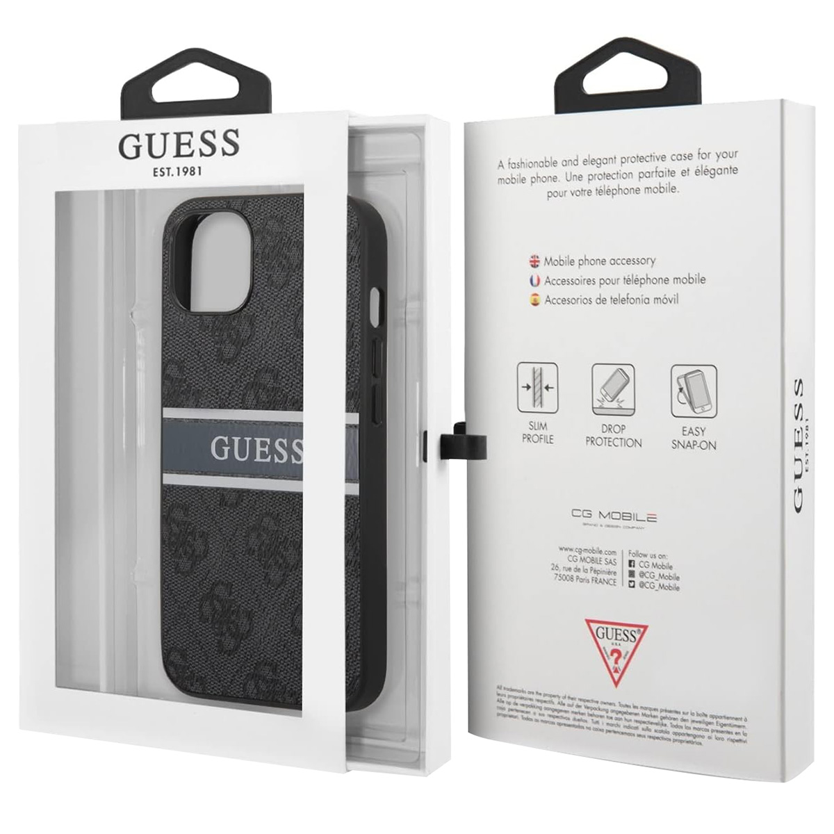 Una custodia per telefono nella sua confezione. La custodia è nera con il logo Guess e una striscia grigia.