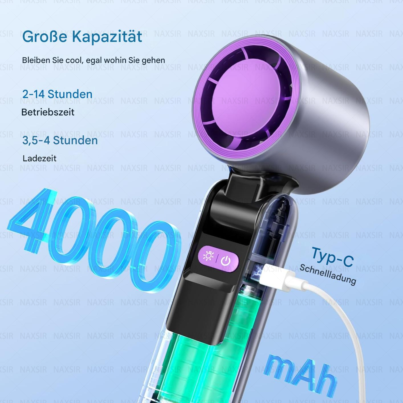 Nahaufnahme eines schwarz-lila Ventilators. Text zeigt "4000 mAh" und "Typ-C Schnellladung".