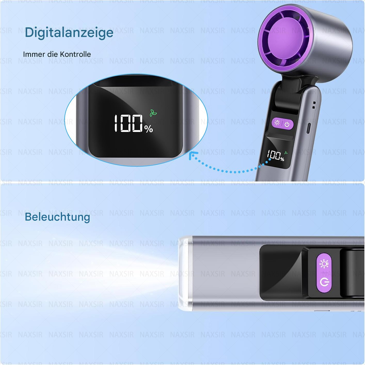 Nahaufnahme eines Haartrockners mit Digitalanzeige und Ein-/Aus-Taste. Der Trockner ist silber und lila.