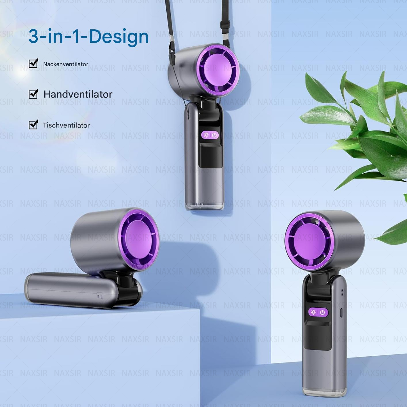 Drei schwarz-lila Ventilatoren werden in verschiedenen Positionen gezeigt. Text sagt "3-in-1-Design" und listet Funktionen auf.