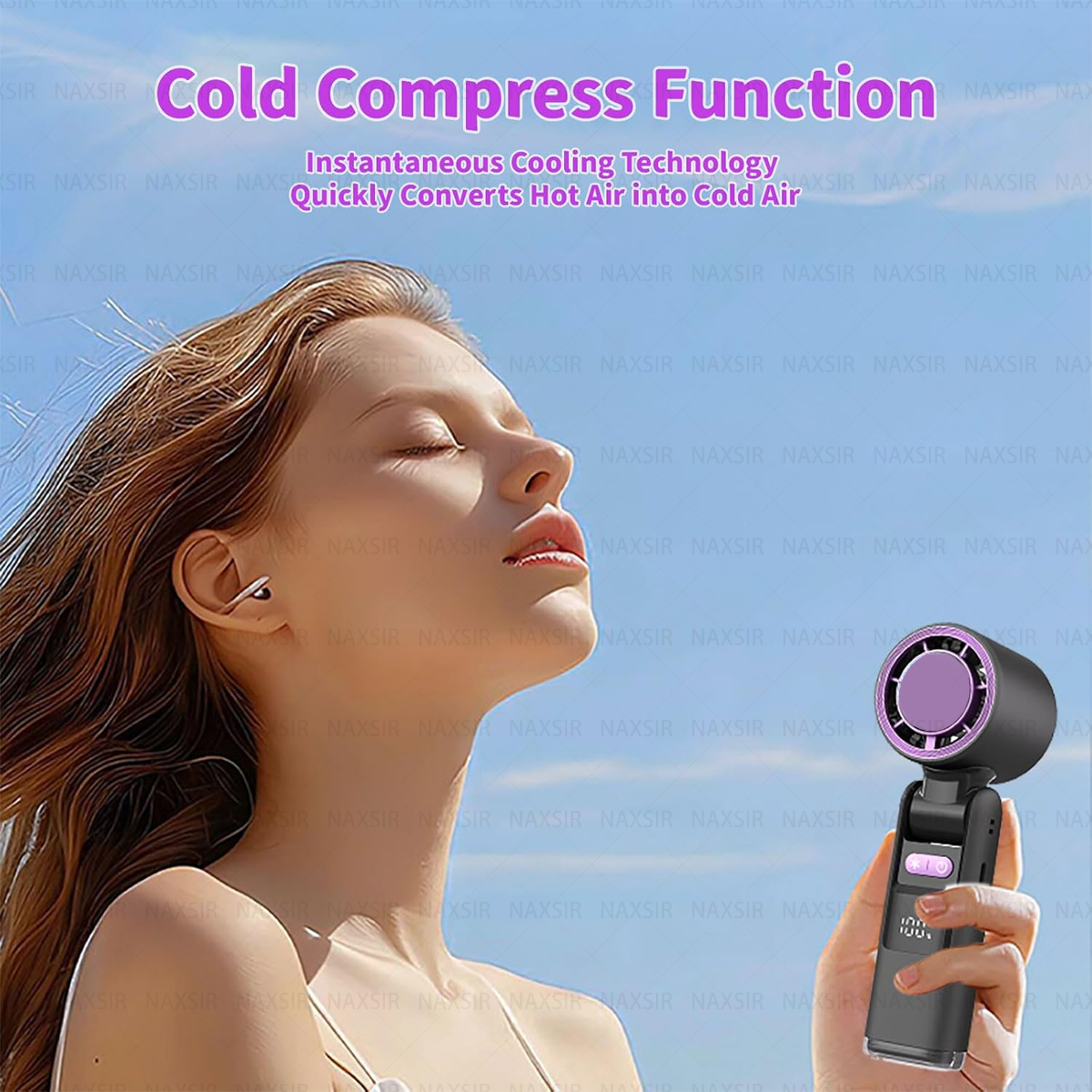 Eine Frau benutzt einen schwarz-lila Ventilator. Text sagt "Cold Compress Function" und "Instantaneous Cooling Technology".
