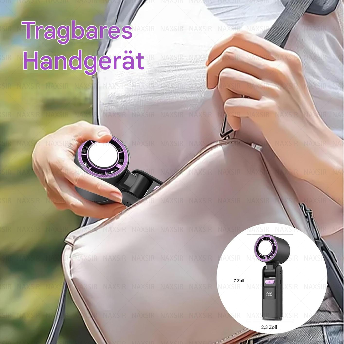 Eine Frau hält einen schwarz-lila Ventilator in einer Tasche. Text sagt "Tragbares Handgerät" und Messungen.