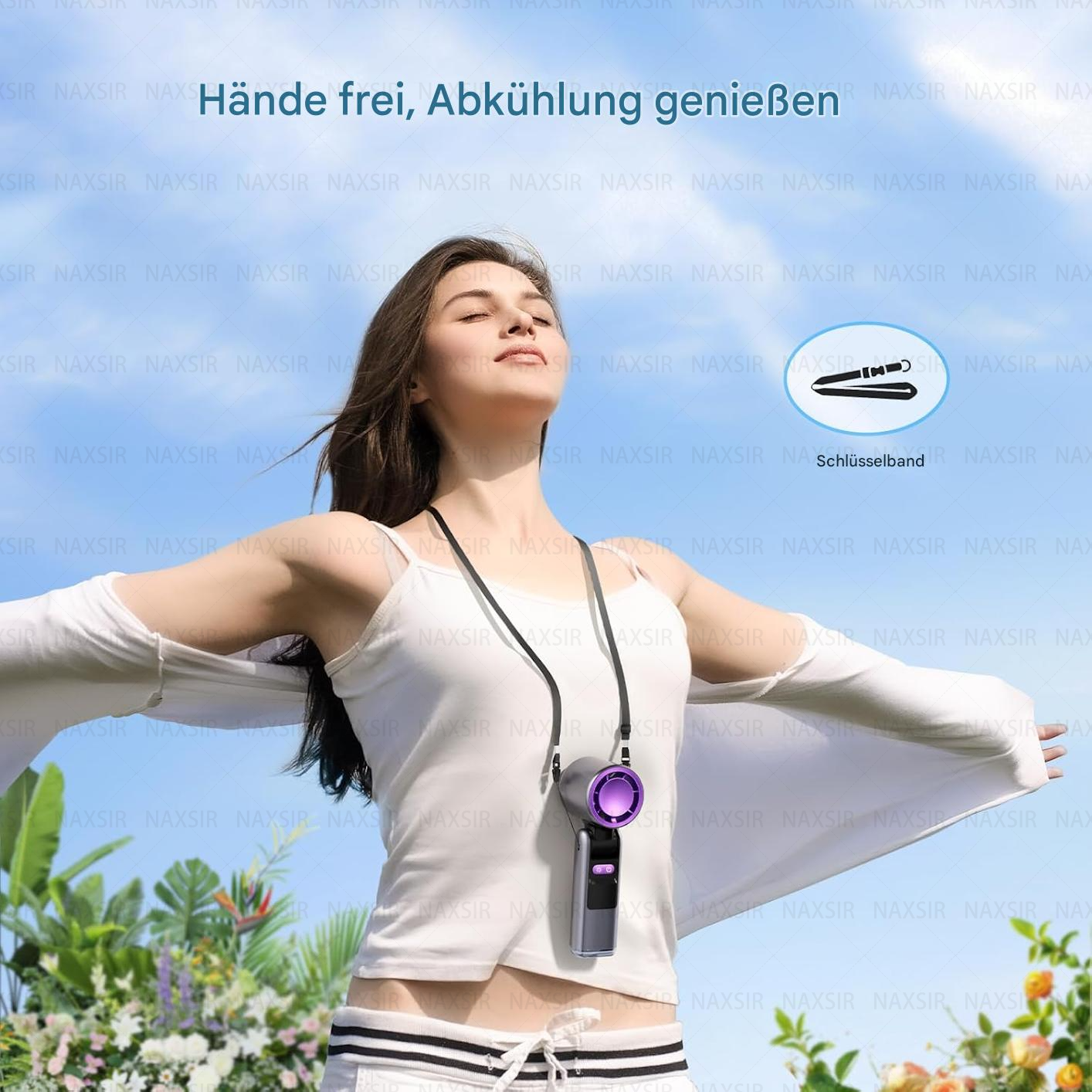 Frau mit Nackenfächer. Text: Hände frei, Kühlung genießen. Grüne Pflanzen im Hintergrund. Himmel ist blau.