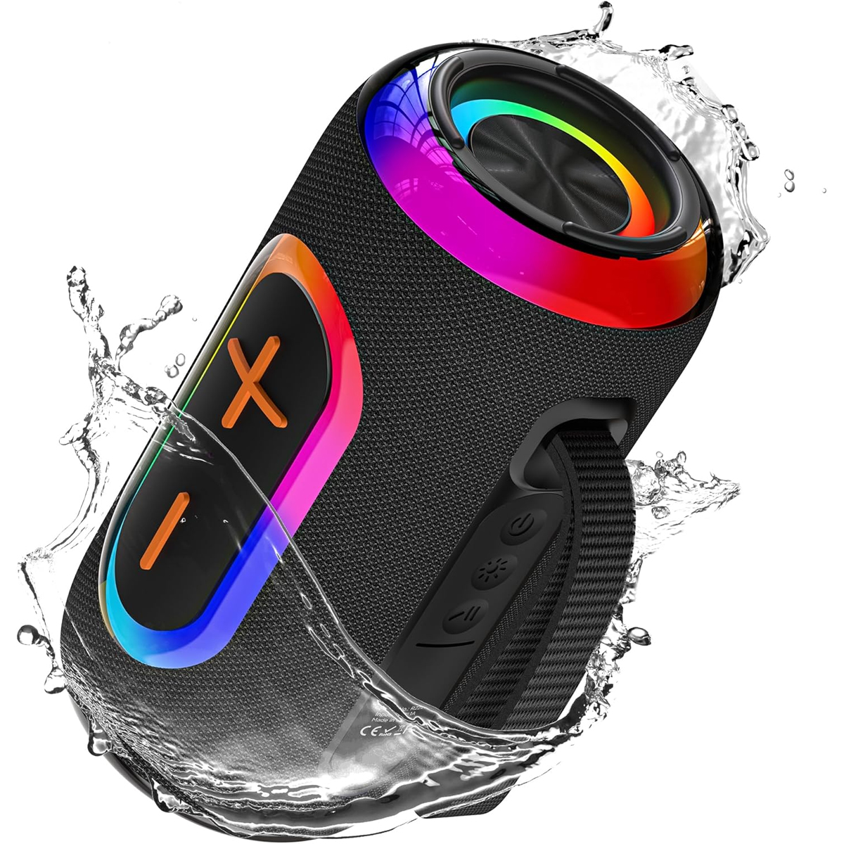 Lautsprecher mit farbigem Lichtfeld. Wasser spritzt um den Lautsprecher herum.