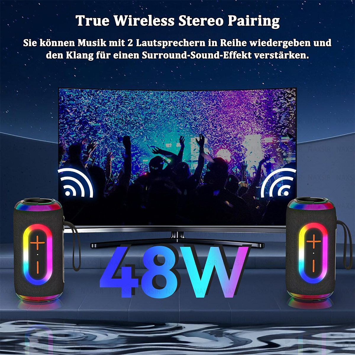 Zwei Lautsprecher mit bunten Lichtern flankieren einen Fernseher, mit 48W in der Mitte. Silhouetten von Personen.