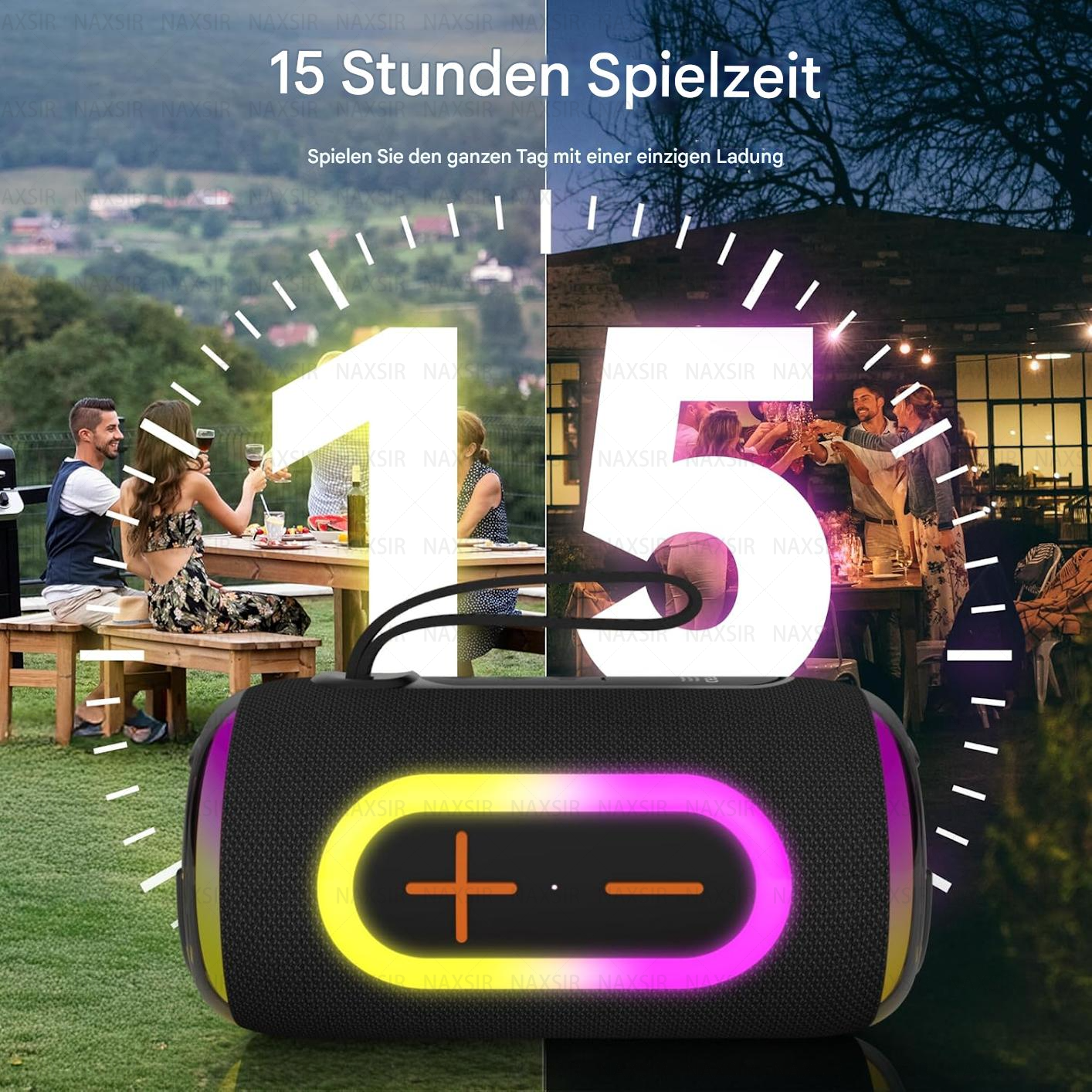 Lautsprecher mit farbigem Lichtfeld. Text: 15 Stunden Spielzeit. Menschen sind im Hintergrund.