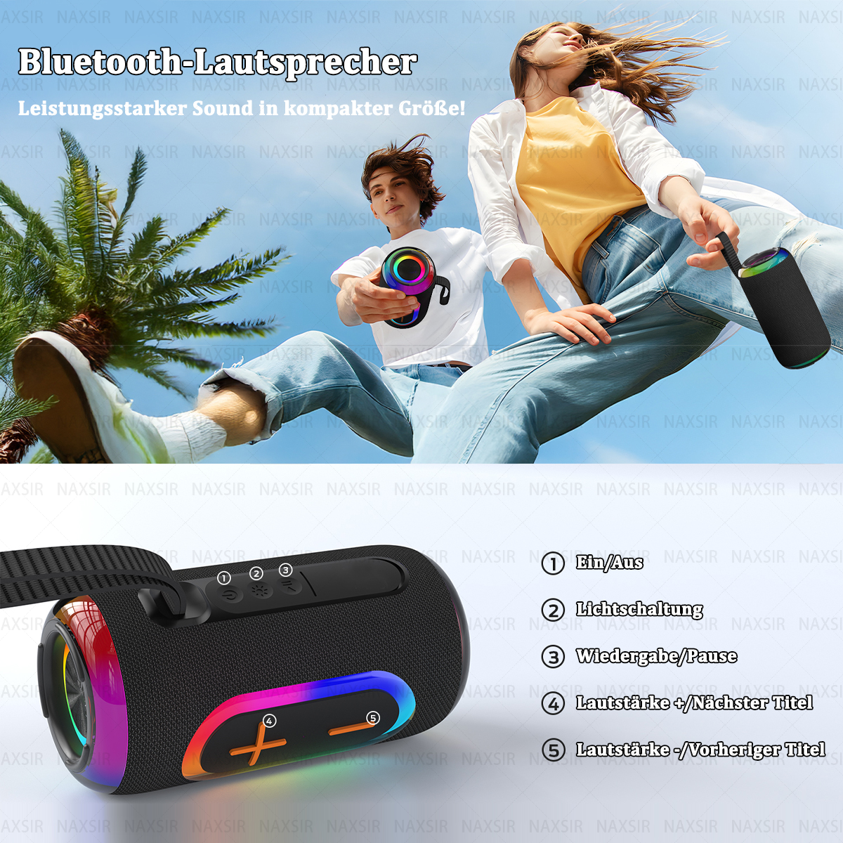 Zwei Personen mit einem Lautsprecher. Einer hält den Lautsprecher mit Regenbogenlichtern. Text beschriftet den Lautsprecher.