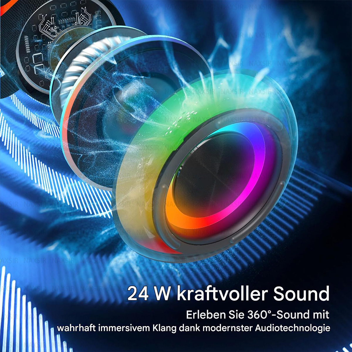 Lautsprecher mit Regenbogenlichtern. Text: 24 W kraftvoller Sound. Erleben Sie 360° Sound. Blauer Hintergrund.