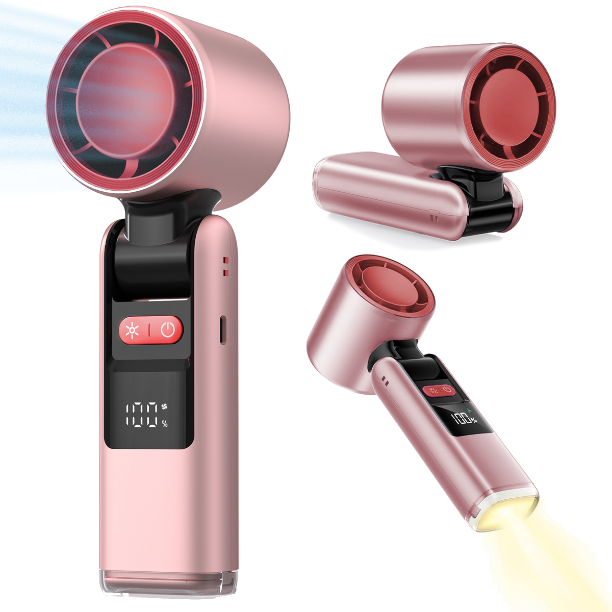 Drei Ansichten eines rosa tragbaren Ventilators. Eine Digitalanzeige zeigt die Akkulaufzeit an.
