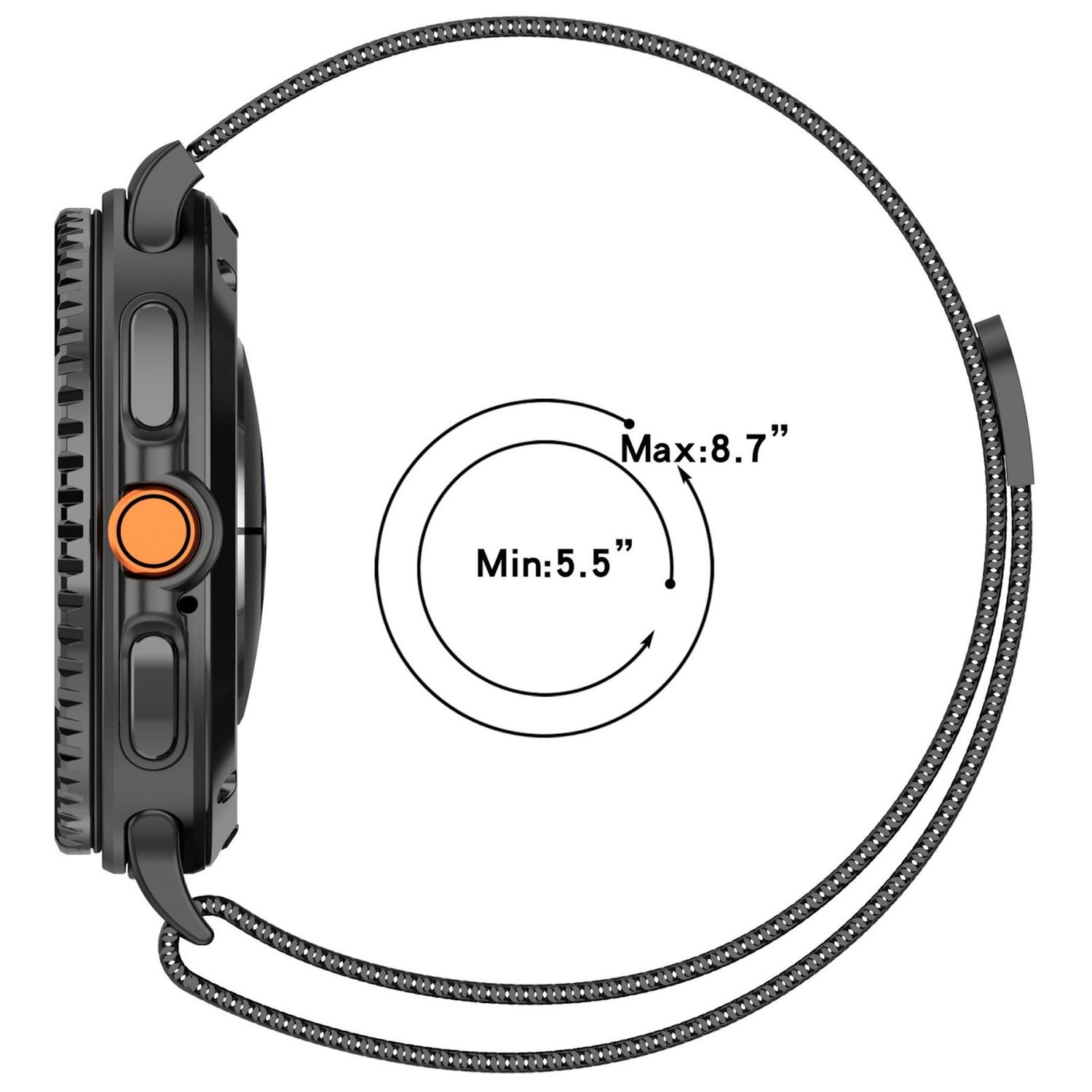 Schwarze Smartwatch mit orangefarbener Taste. Hat ein Metallband und zeigt den Durchmesser.