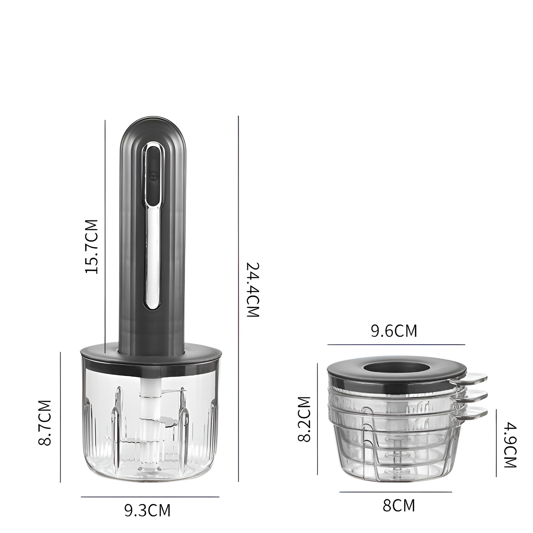 Ein schwarzes und graues Küchengerät mit beschrifteten Abmessungen, das einen Mixer und Behälter zeigt.