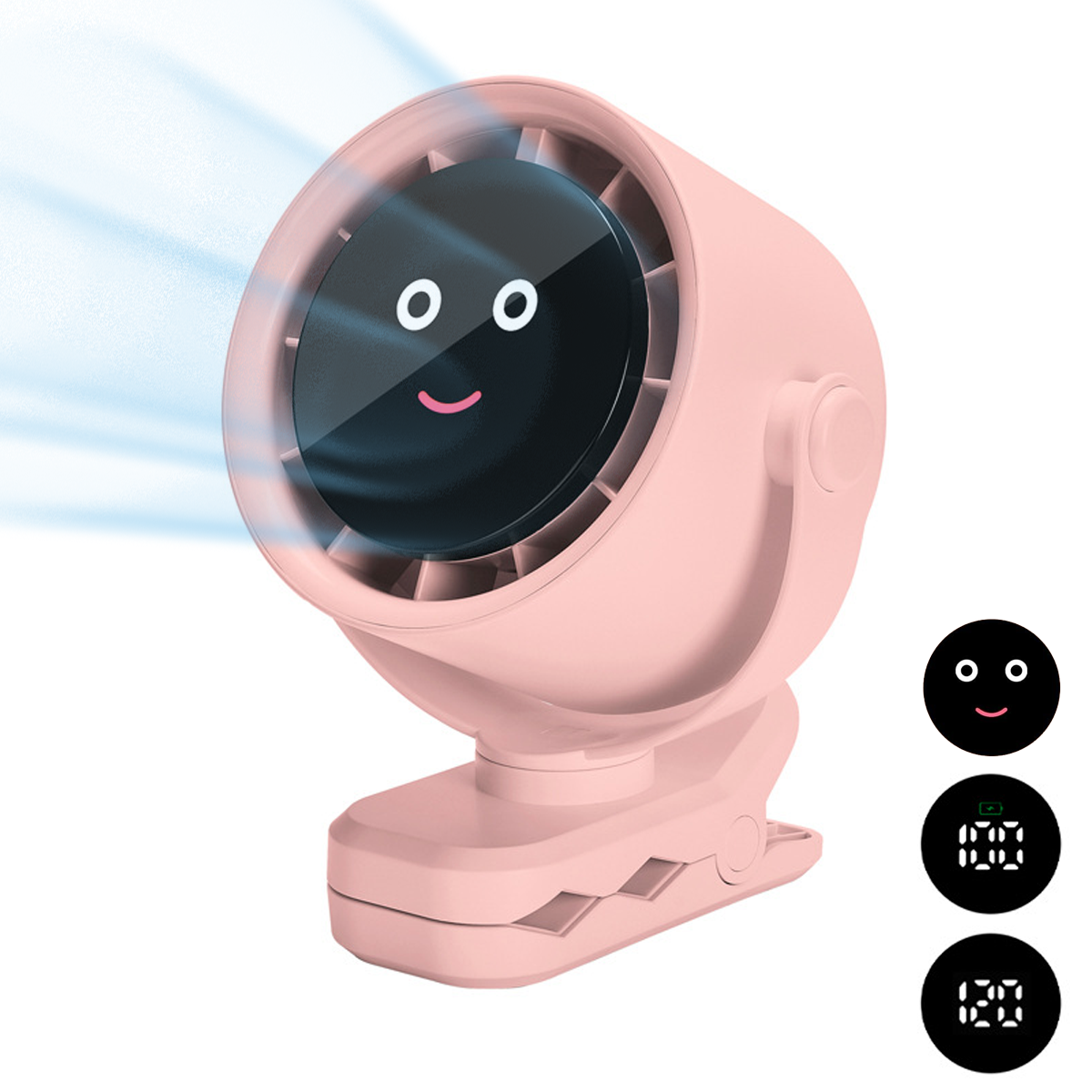 Rosa Ventilator mit lächelndem Gesicht und Anzeige für Batterie- und Geschwindigkeitswerte.