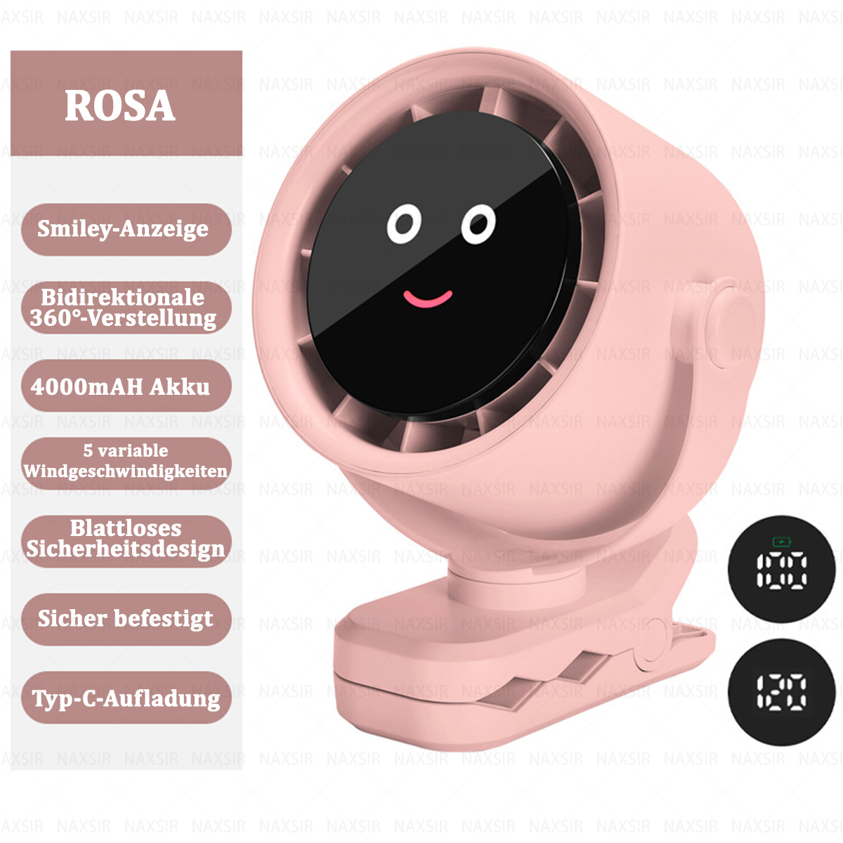 Rosa Ventilator mit lächelndem Gesicht, Anzeige für Akku und Geschwindigkeit, und Clip.
