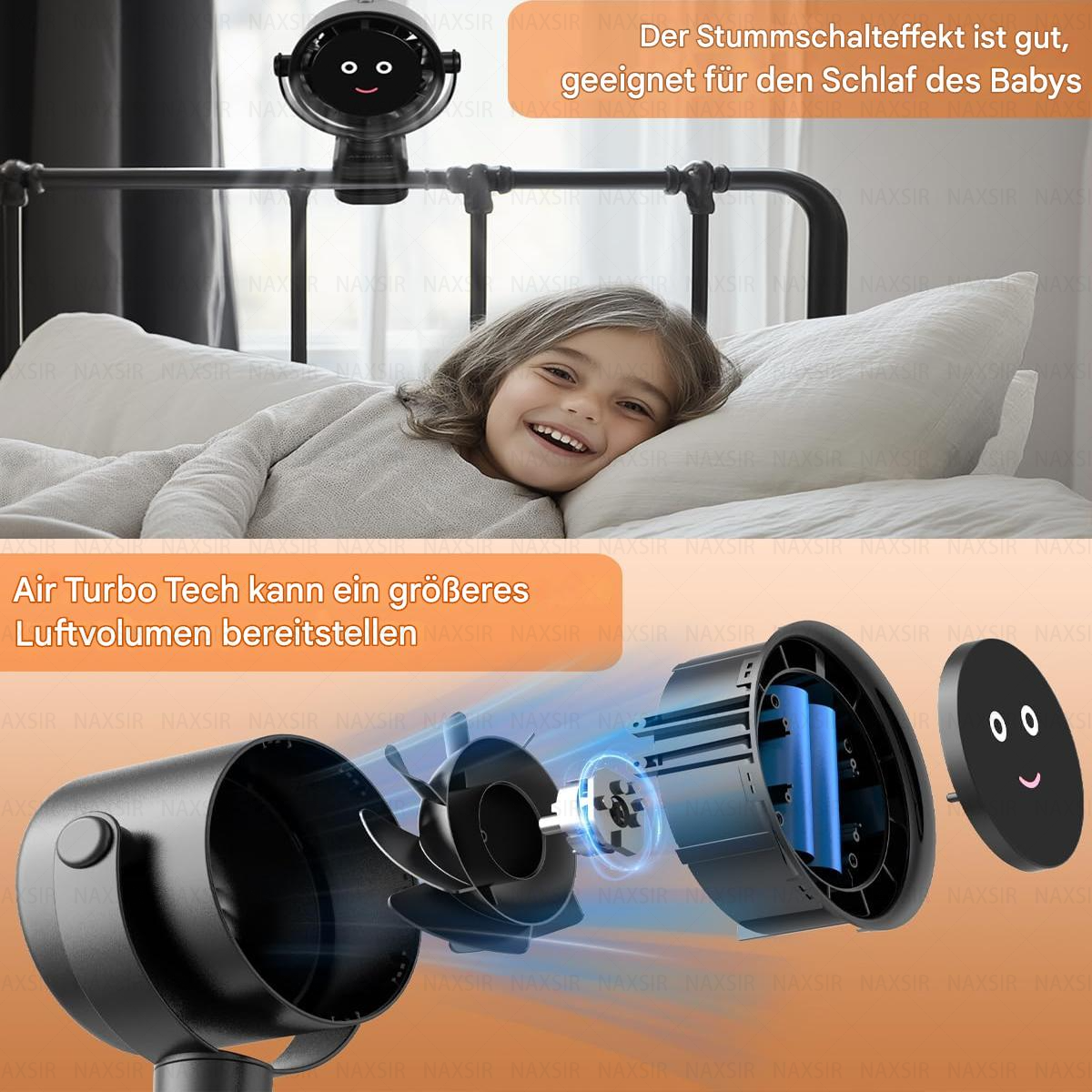 Ein Kind lächelt einen kleinen Ventilator auf einem Bett an. Der Ventilator hat ein Smiley-Gesicht und ein cartoonartiges Design.