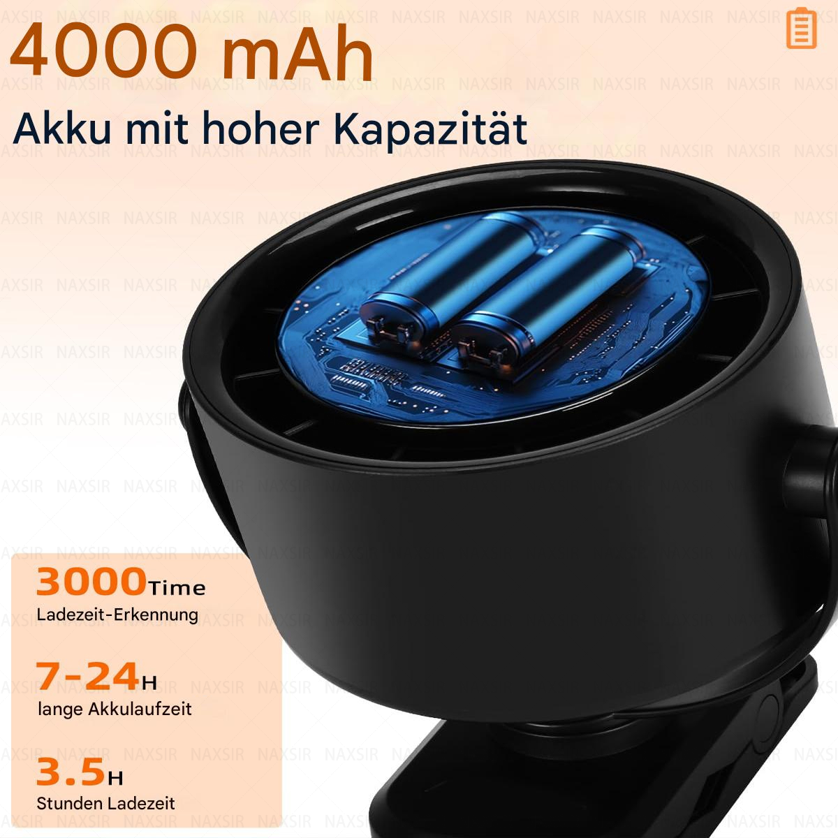 Nahaufnahme eines schwarzen Lüfters. Text überlagert mit Infos zu Akkukapazität, Ladezeit und Akkulaufzeit.
